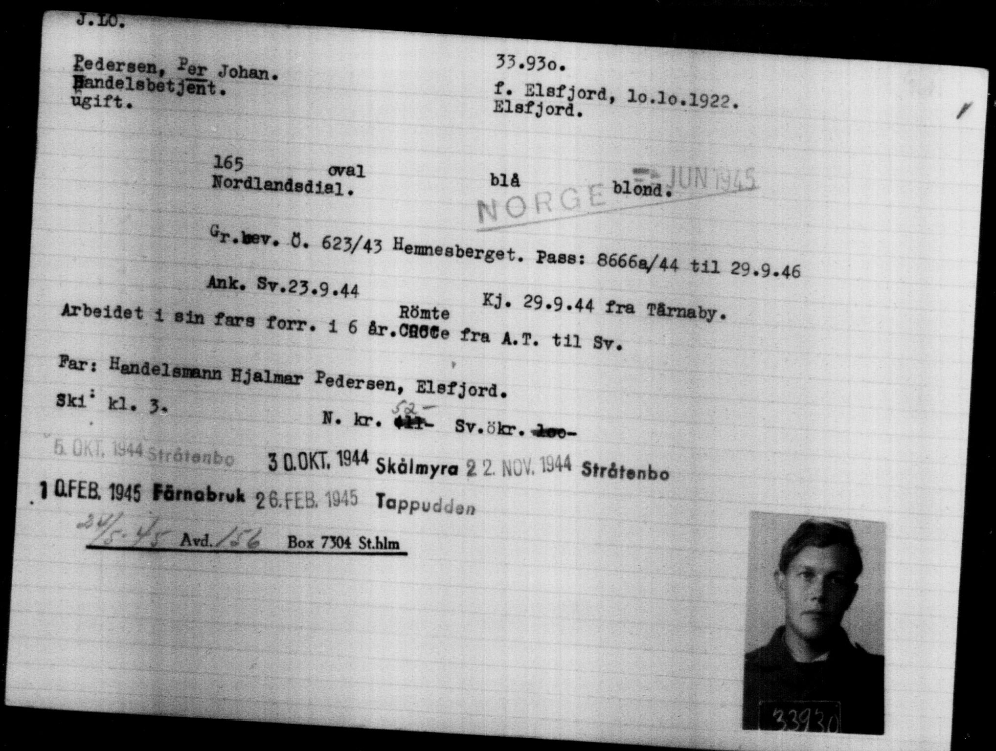 Utenriksstasjonene, Legasjonen i Stockholm, Flyktningkontoret, AV/RA-S-6753/V/Va/L0013: Kjesäterkartoteket, flyktninger med registreringsnr. 31500-34731, 1940-1945, p. 2566