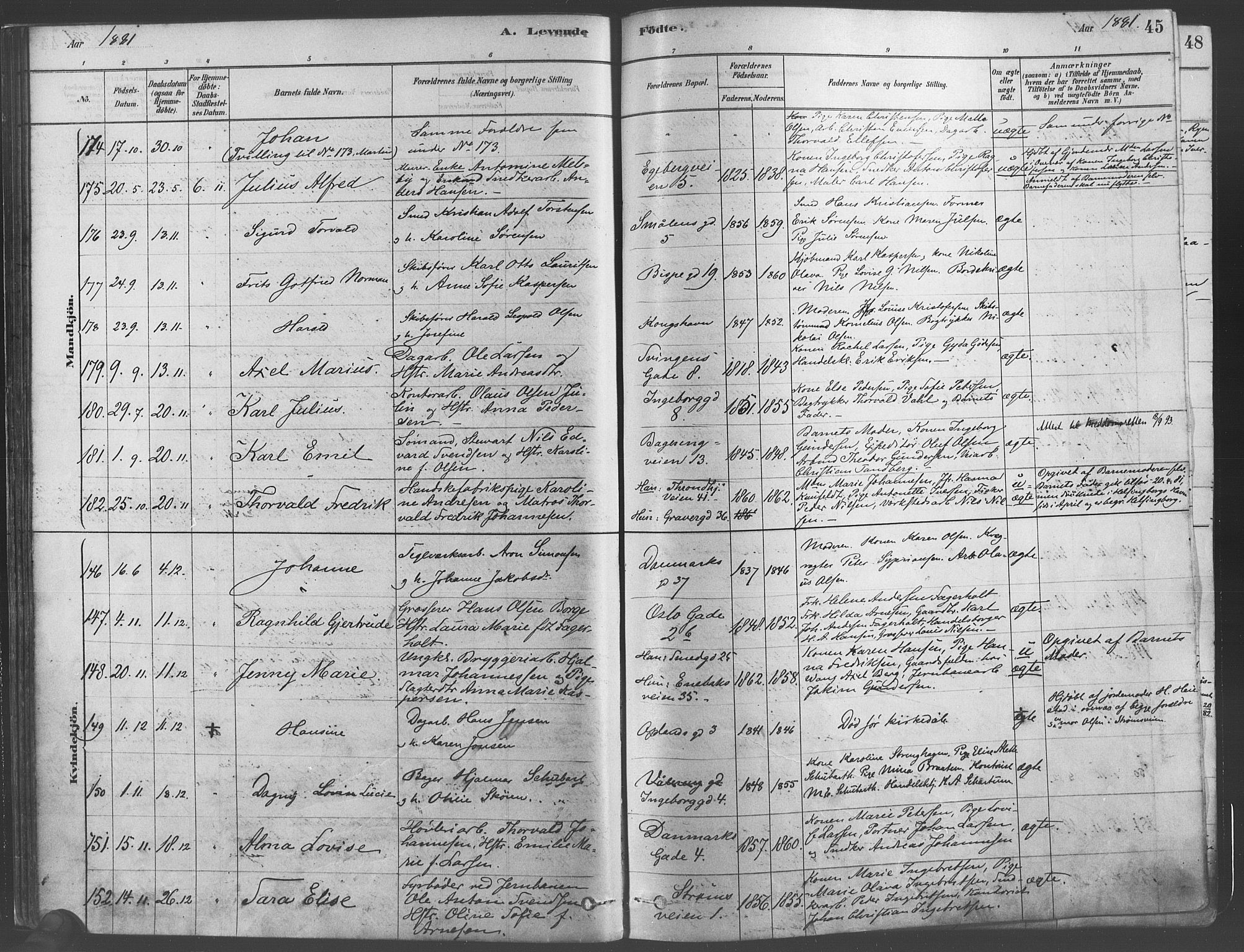 Gamlebyen prestekontor Kirkebøker, SAO/A-10884/F/Fa/L0005: Parish register (official) no. 5, 1878-1889, p. 45