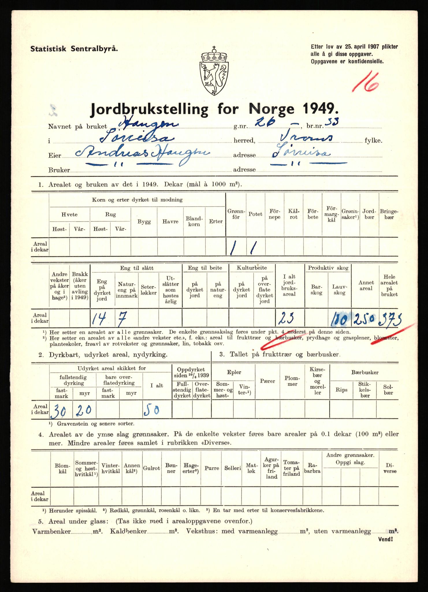 Statistisk sentralbyrå, Næringsøkonomiske emner, Jordbruk, skogbruk, jakt, fiske og fangst, AV/RA-S-2234/G/Gc/L0440: Troms: Sørreisa og Dyrøy, 1949, p. 306