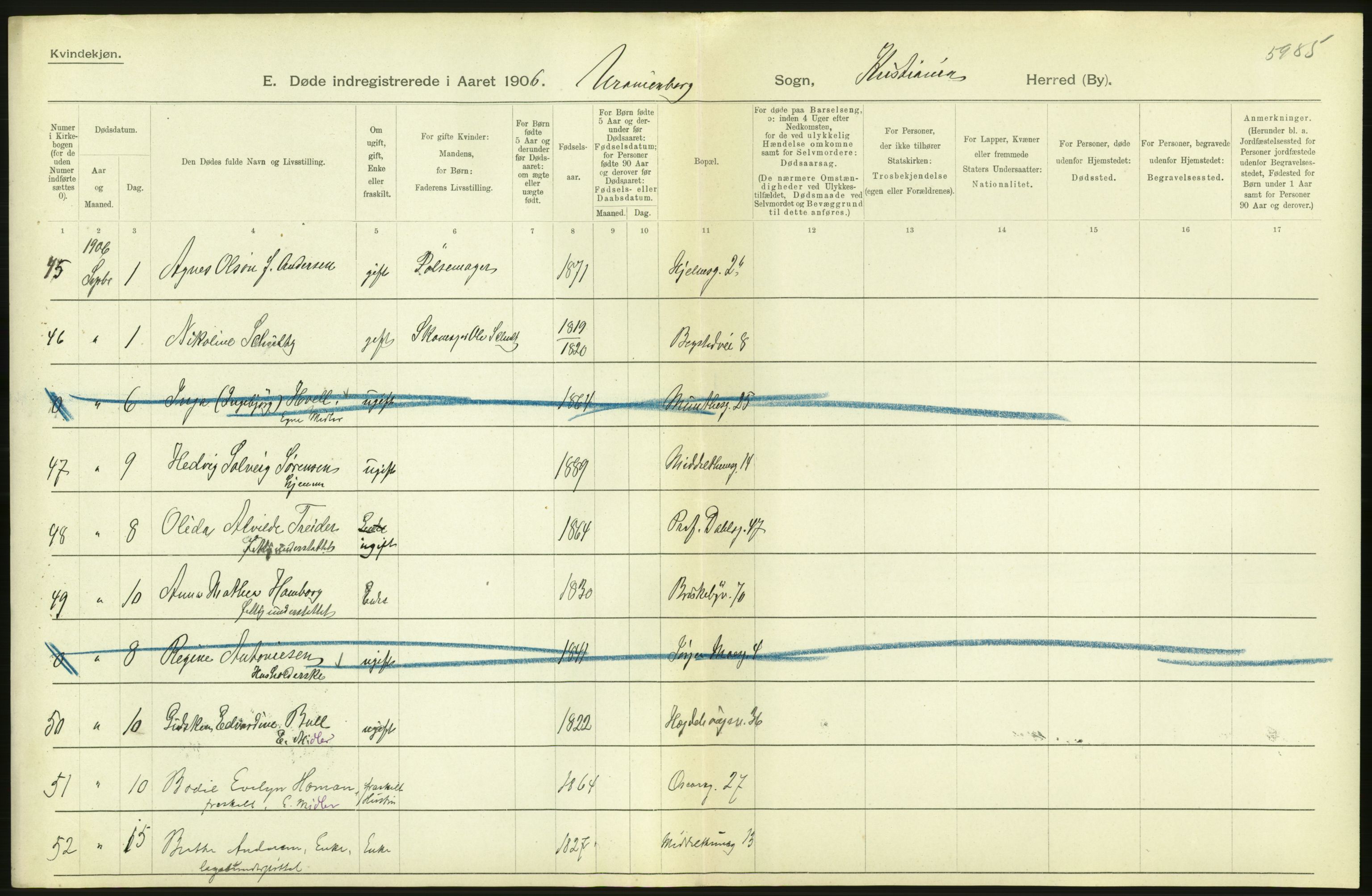 Statistisk sentralbyrå, Sosiodemografiske emner, Befolkning, AV/RA-S-2228/D/Df/Dfa/Dfad/L0009: Kristiania: Døde, 1906, p. 488