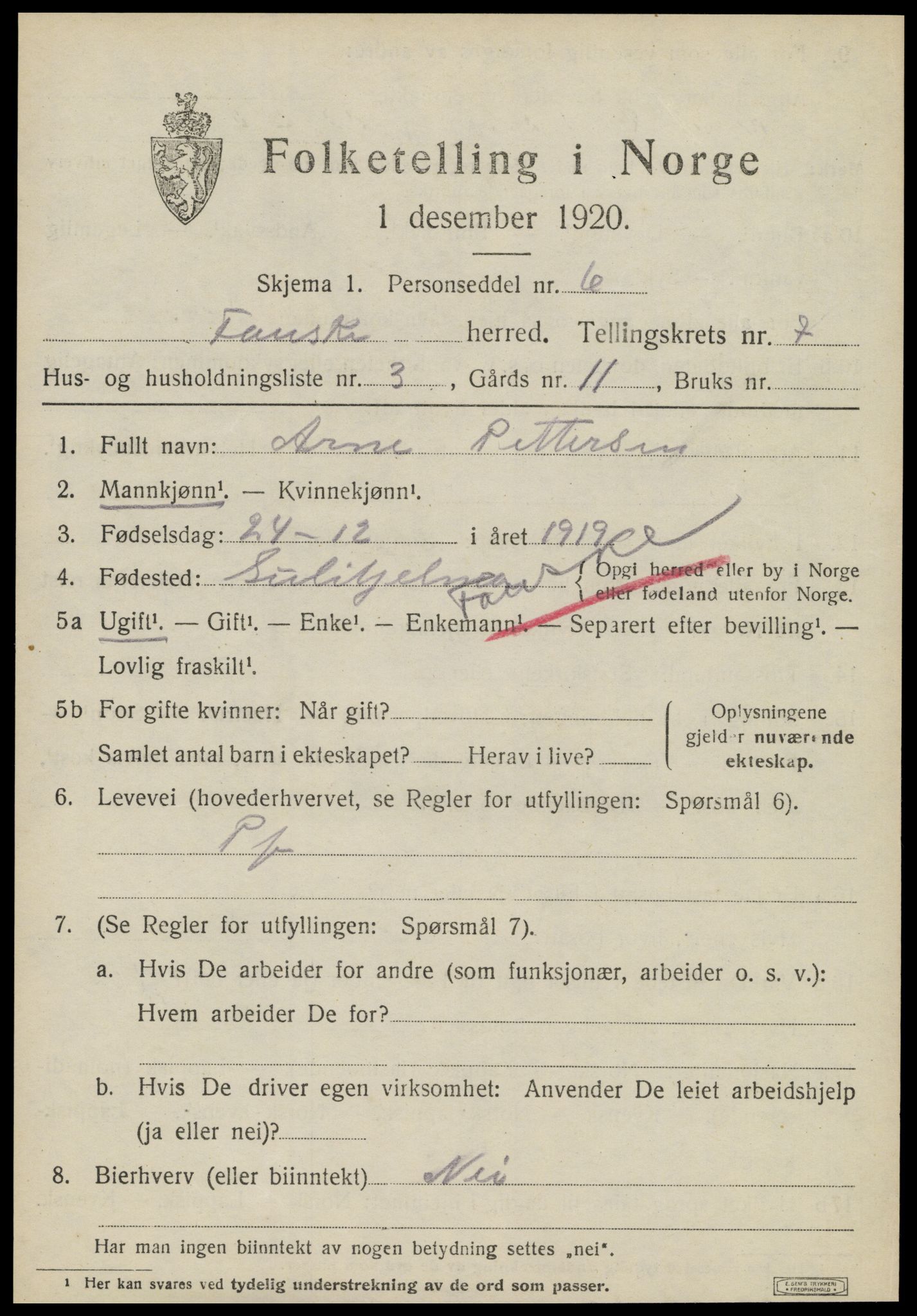SAT, 1920 census for Fauske, 1920, p. 5814