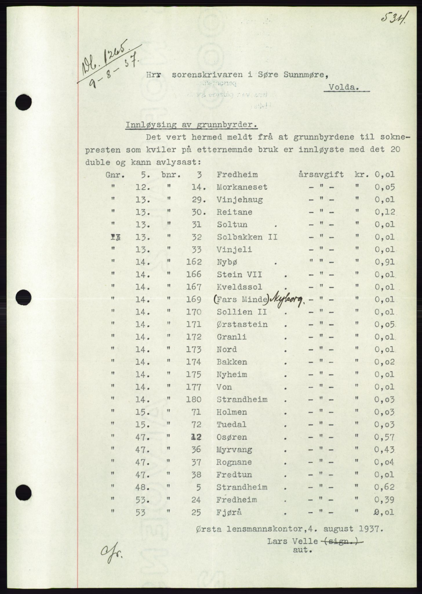 Søre Sunnmøre sorenskriveri, AV/SAT-A-4122/1/2/2C/L0063: Mortgage book no. 57, 1937-1937, Diary no: : 1265/1937