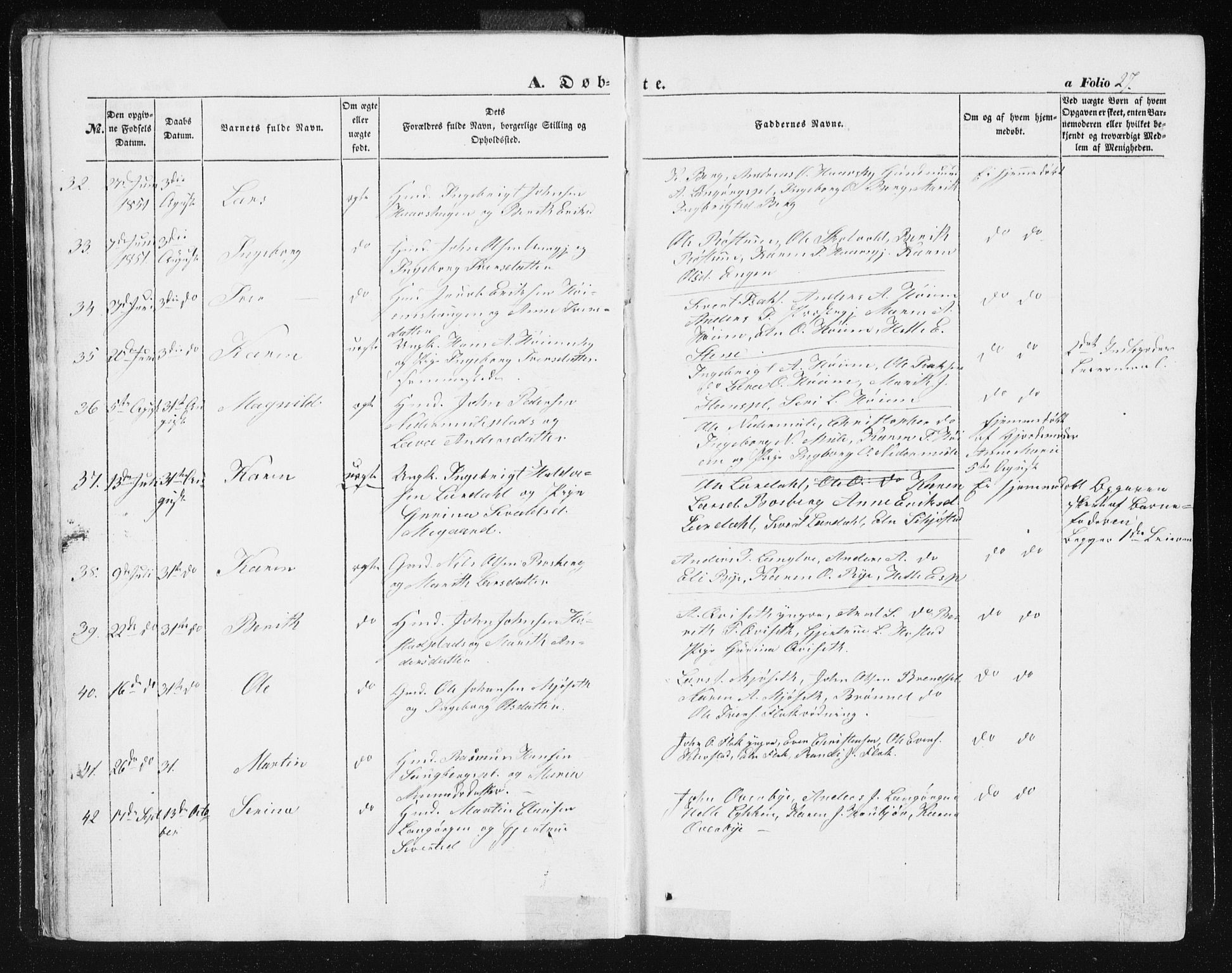 Ministerialprotokoller, klokkerbøker og fødselsregistre - Sør-Trøndelag, SAT/A-1456/612/L0376: Parish register (official) no. 612A08, 1846-1859, p. 27