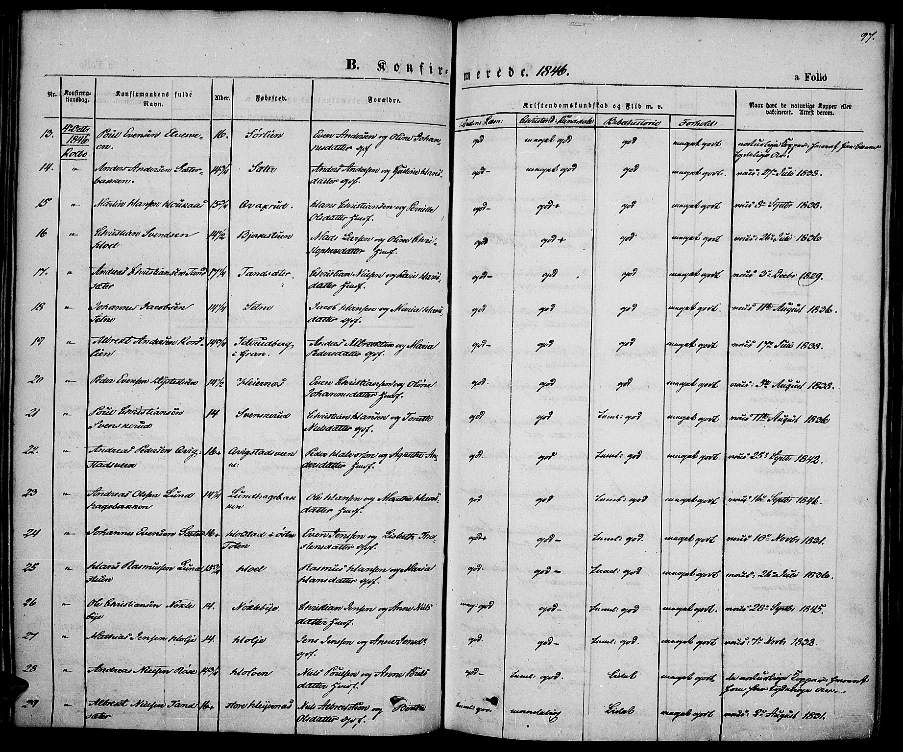 Vestre Toten prestekontor, SAH/PREST-108/H/Ha/Haa/L0004: Parish register (official) no. 4, 1844-1849, p. 97