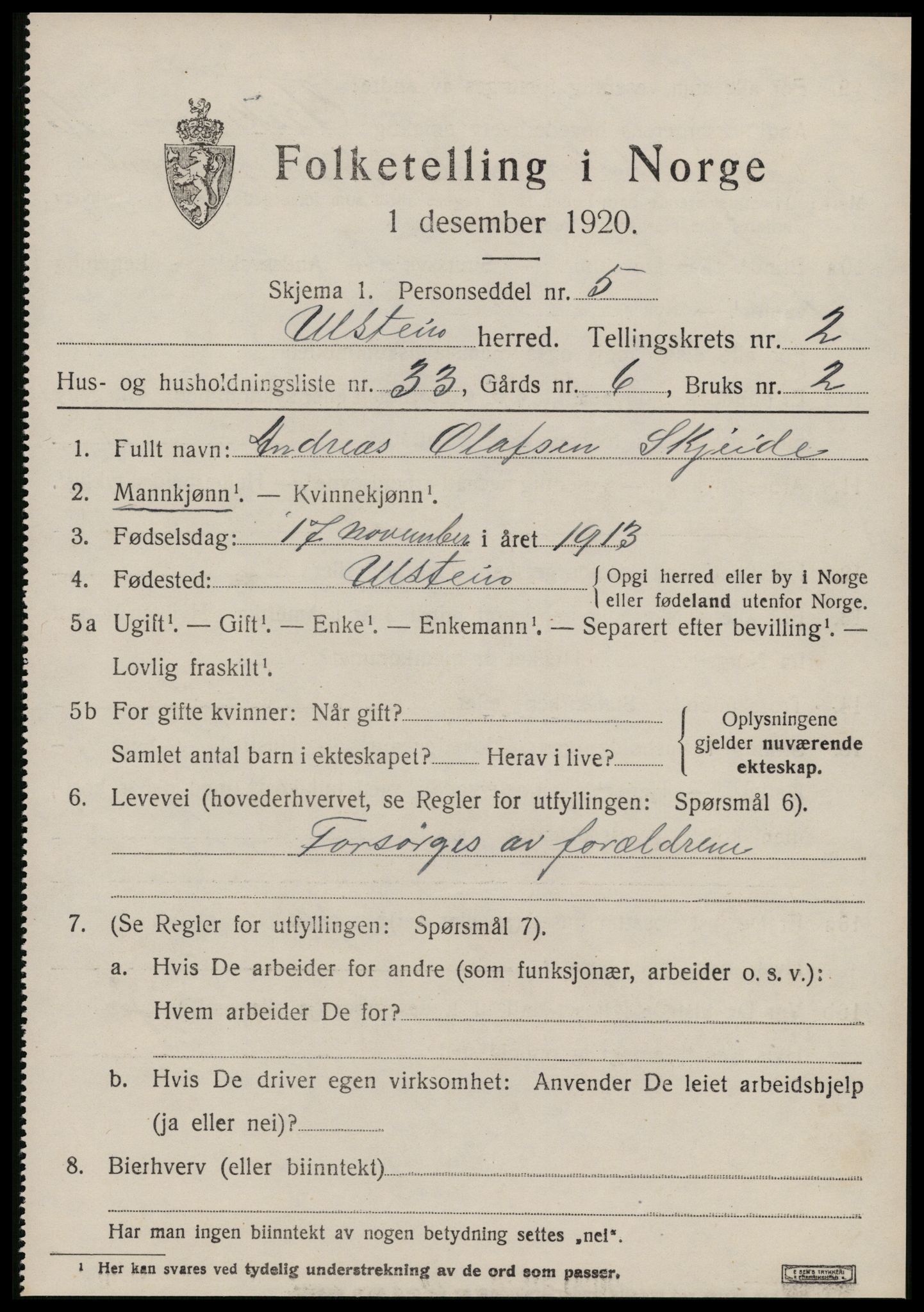 SAT, 1920 census for Ulstein, 1920, p. 1604