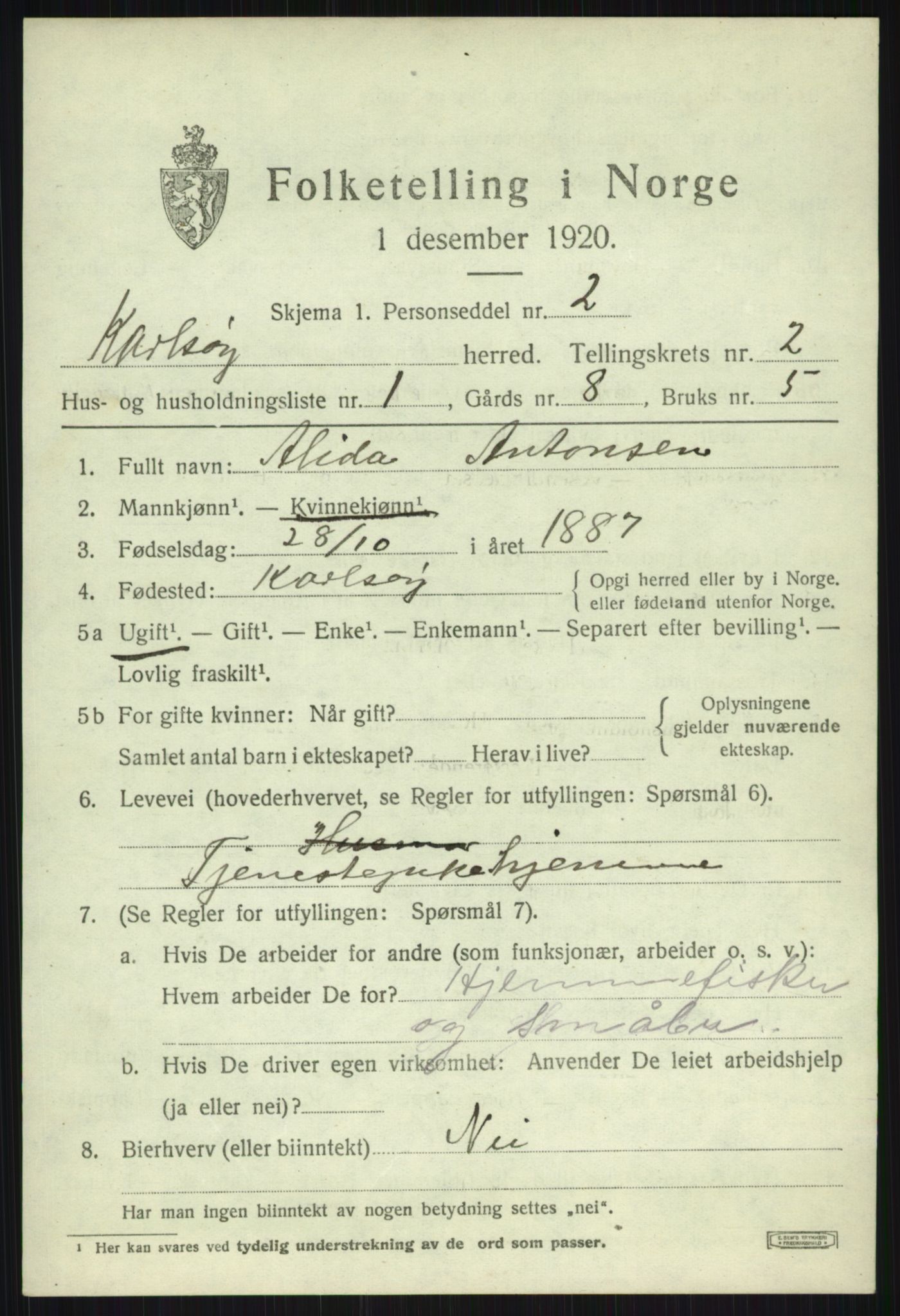 SATØ, 1920 census for Karlsøy, 1920, p. 1185