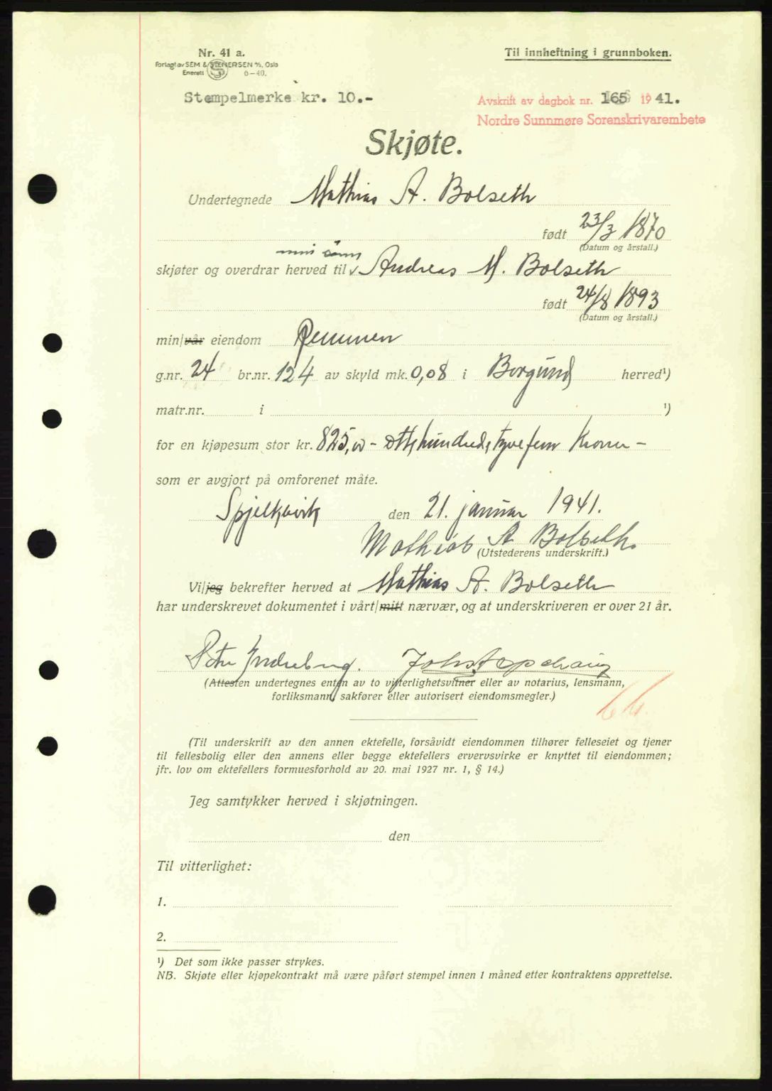 Nordre Sunnmøre sorenskriveri, AV/SAT-A-0006/1/2/2C/2Ca: Mortgage book no. A10, 1940-1941, Diary no: : 165/1941