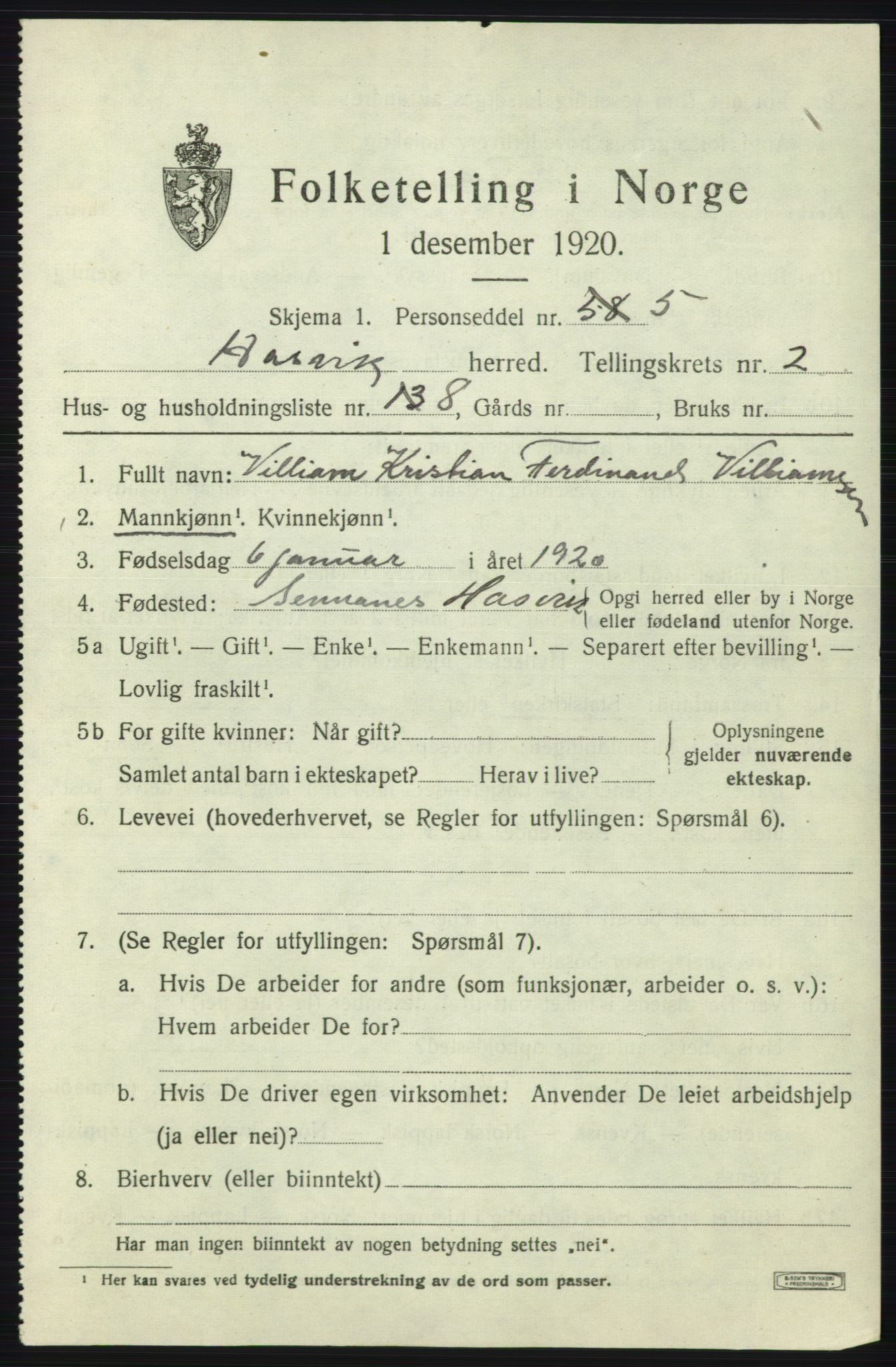 SATØ, 1920 census for Hasvik, 1920, p. 1093