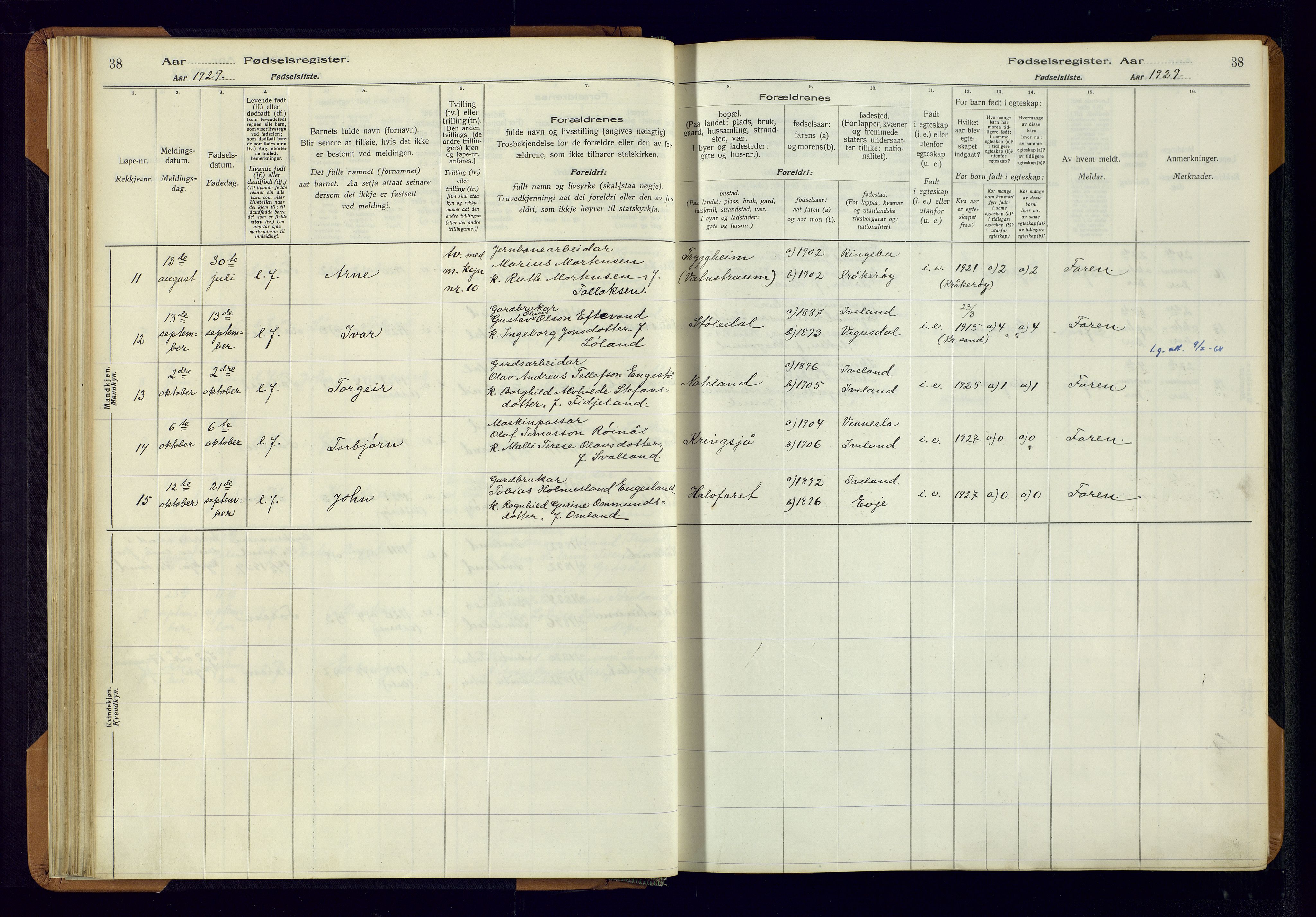 Evje sokneprestkontor, AV/SAK-1111-0008/J/Jc/L0003: Birth register no. II.4.3, 1916-1982, p. 38