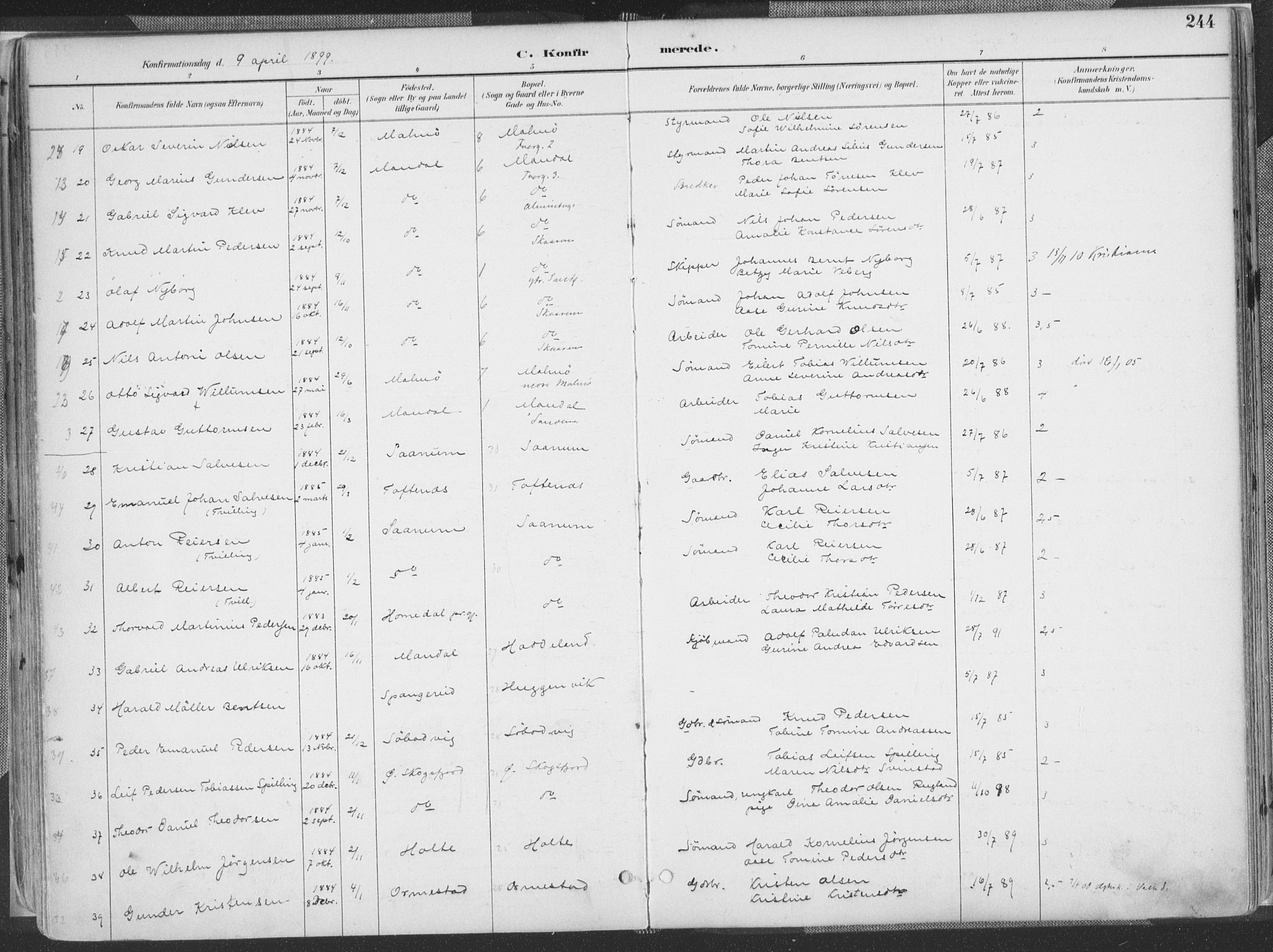 Mandal sokneprestkontor, AV/SAK-1111-0030/F/Fa/Faa/L0018: Parish register (official) no. A 18, 1890-1905, p. 244