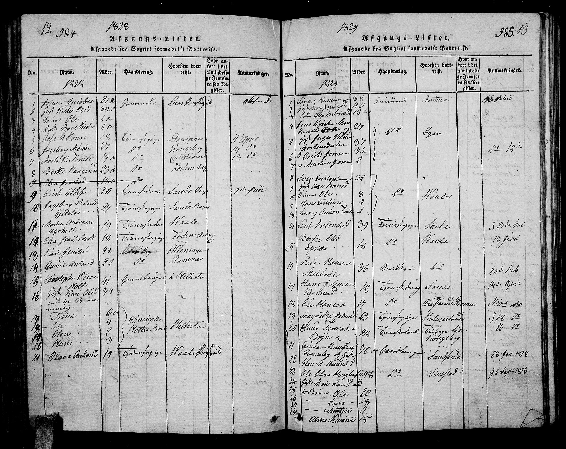 Hof kirkebøker, AV/SAKO-A-64/G/Ga/L0001: Parish register (copy) no. I 1, 1814-1844, p. 584-585