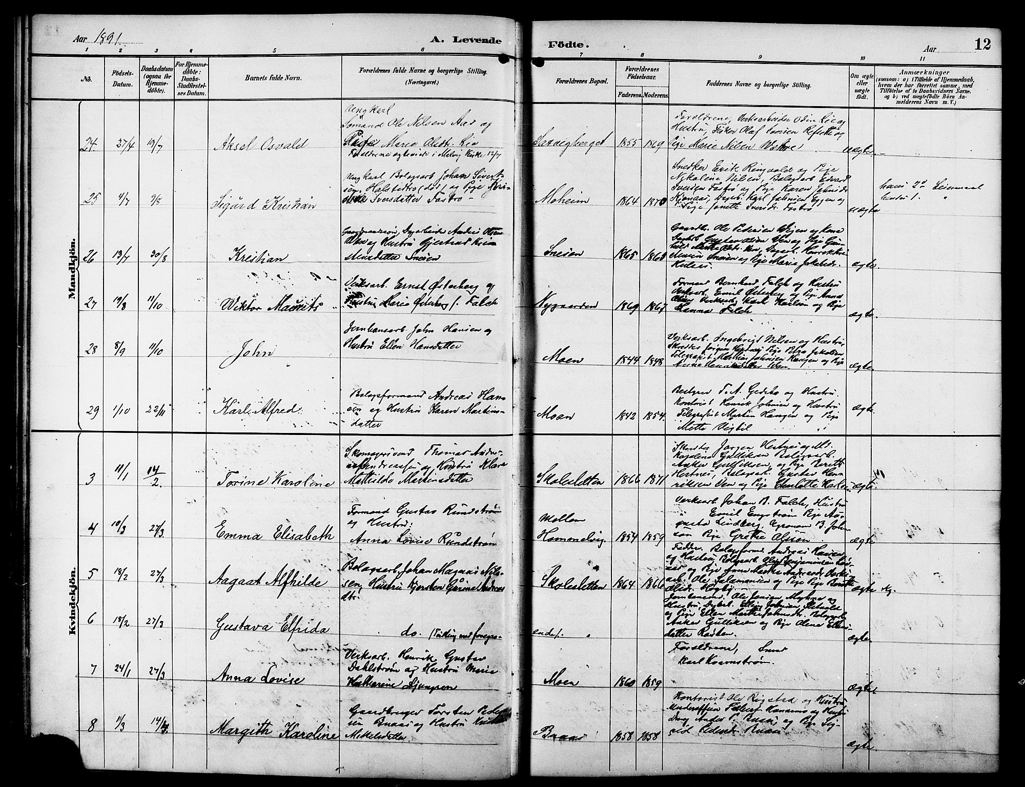 Ministerialprotokoller, klokkerbøker og fødselsregistre - Sør-Trøndelag, SAT/A-1456/617/L0431: Parish register (copy) no. 617C01, 1889-1910, p. 12