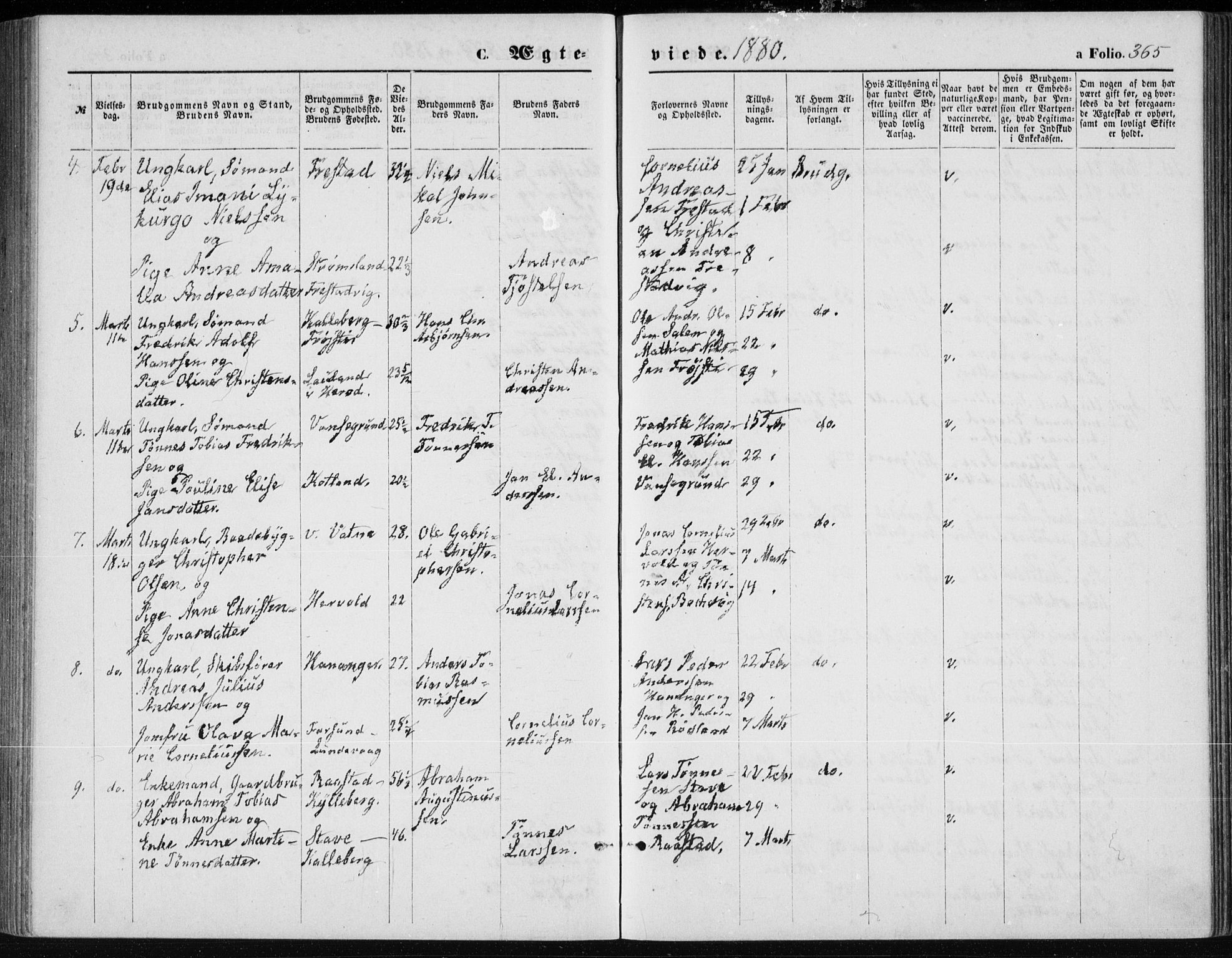 Lista sokneprestkontor, AV/SAK-1111-0027/F/Fb/L0004: Parish register (copy) no. B 4, 1877-1891, p. 365