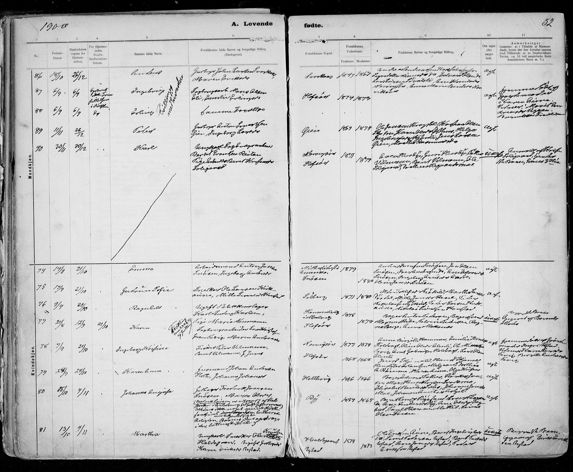 Ministerialprotokoller, klokkerbøker og fødselsregistre - Sør-Trøndelag, SAT/A-1456/668/L0811: Parish register (official) no. 668A11, 1894-1913, p. 52