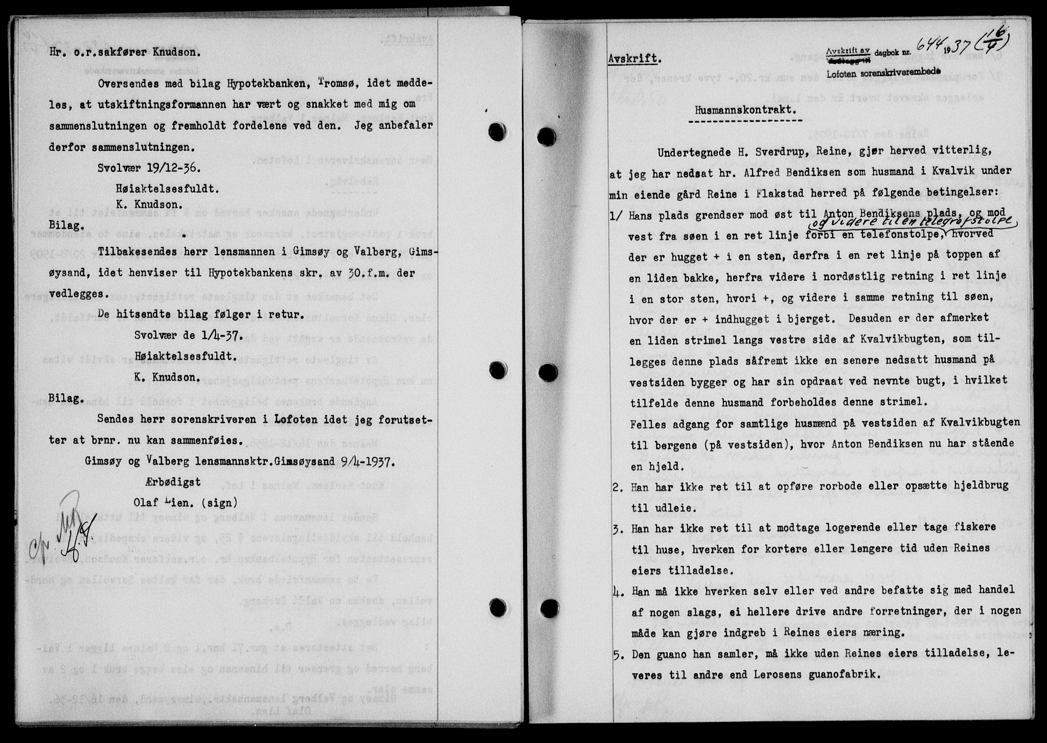 Lofoten sorenskriveri, SAT/A-0017/1/2/2C/L0002a: Mortgage book no. 2a, 1937-1937, Diary no: : 644/1937