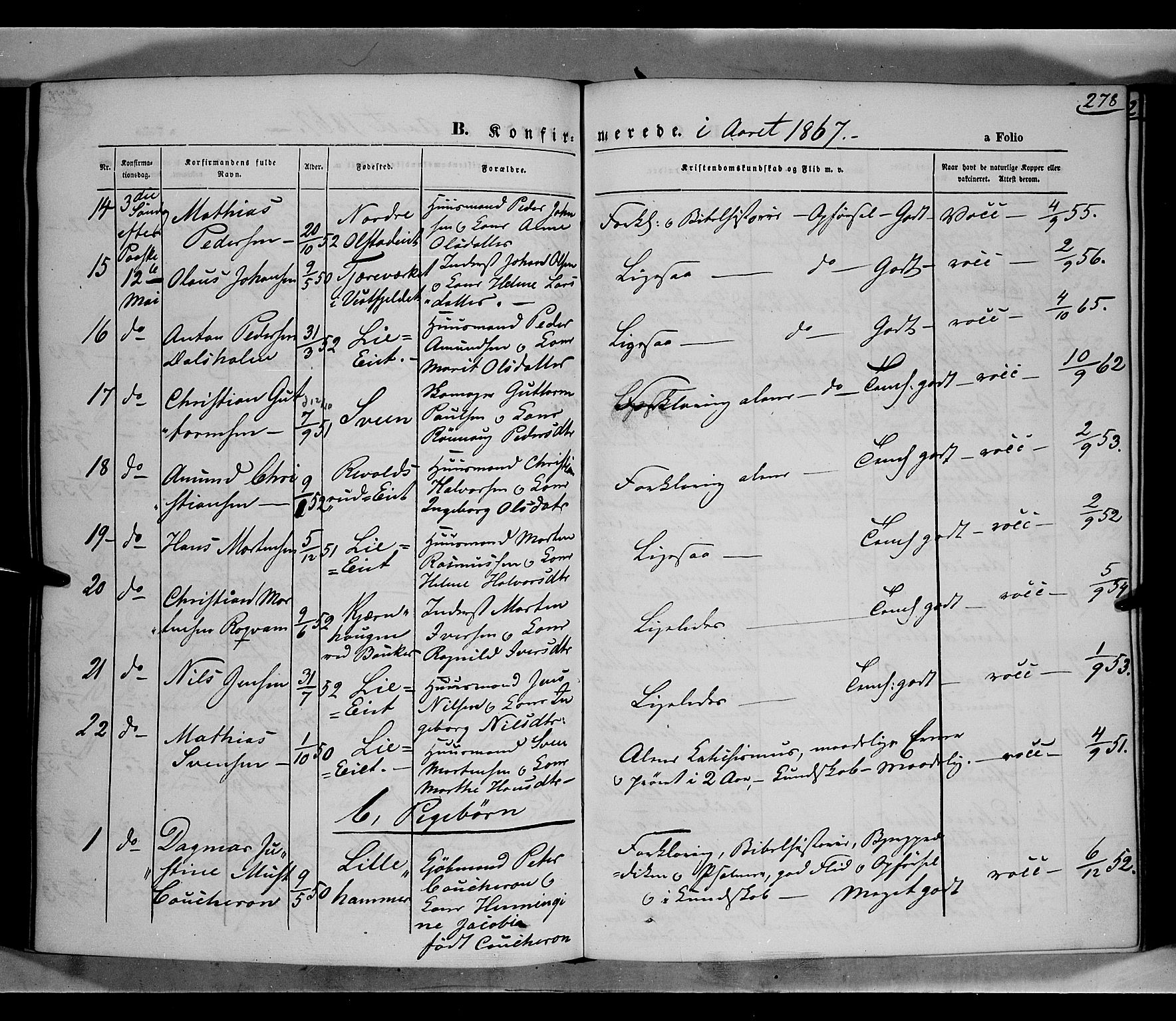 Gausdal prestekontor, SAH/PREST-090/H/Ha/Haa/L0009: Parish register (official) no. 9, 1862-1873, p. 278