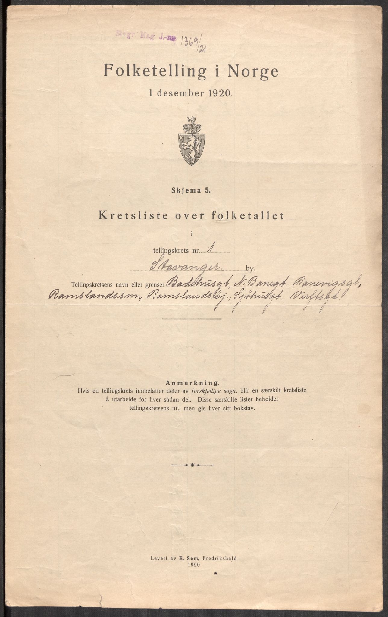 SAST, 1920 census for Stavanger, 1920, p. 7