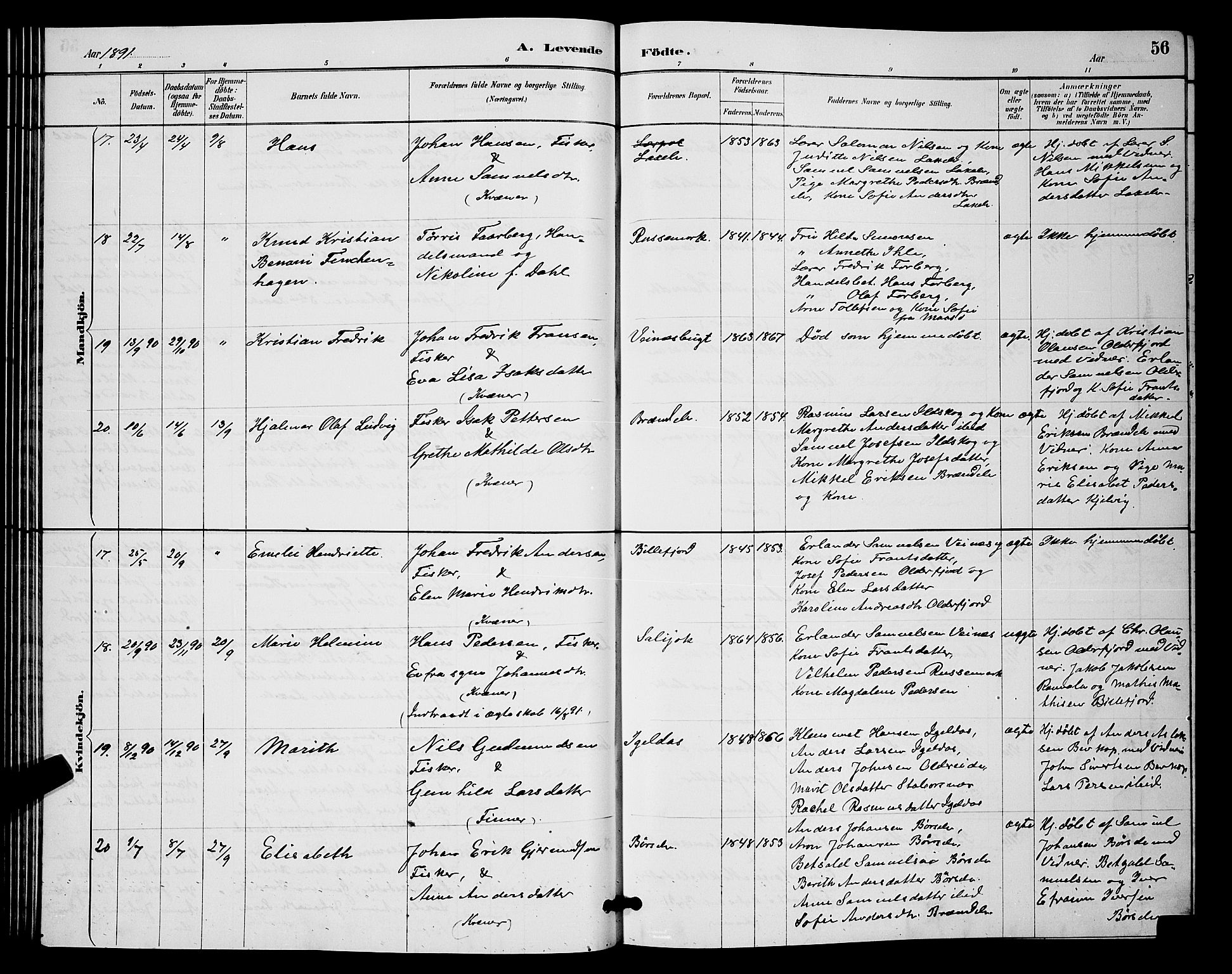 Kistrand/Porsanger sokneprestembete, AV/SATØ-S-1351/H/Hb/L0004.klokk: Parish register (copy) no. 4, 1885-1894, p. 56