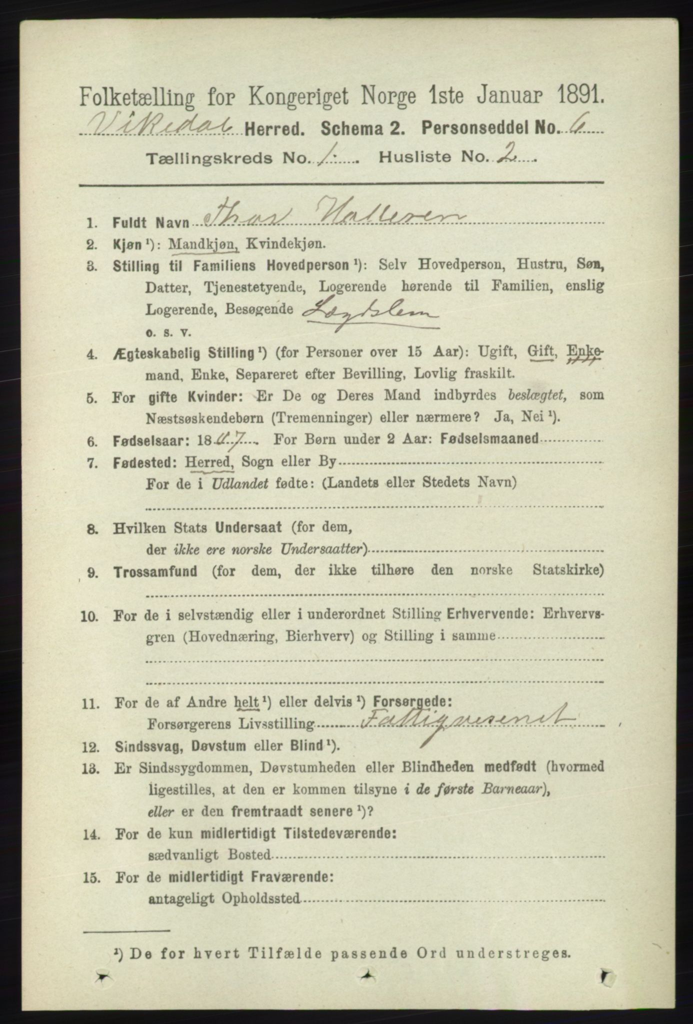 RA, 1891 census for 1157 Vikedal, 1891, p. 70