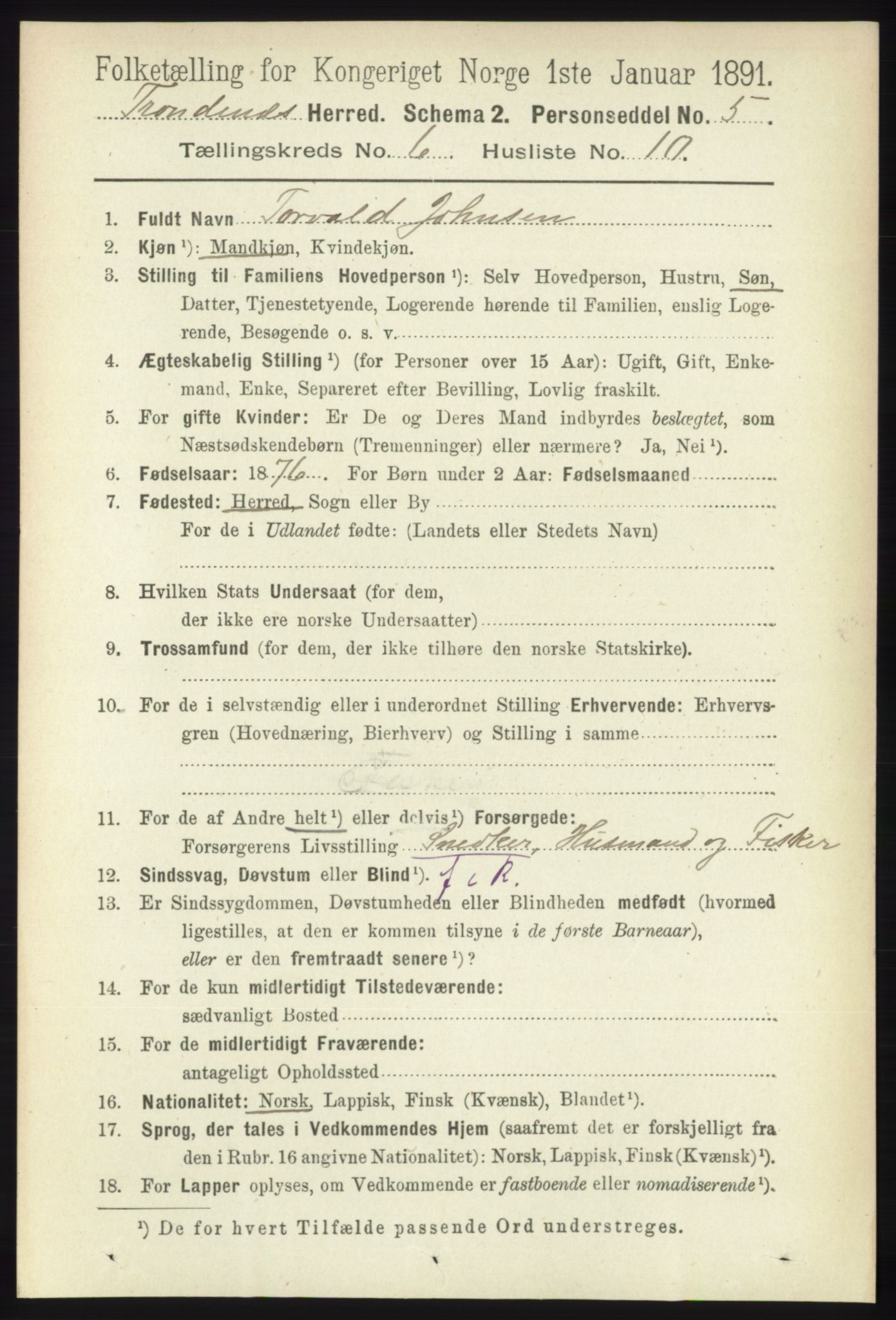 RA, 1891 census for 1914 Trondenes, 1891, p. 3868