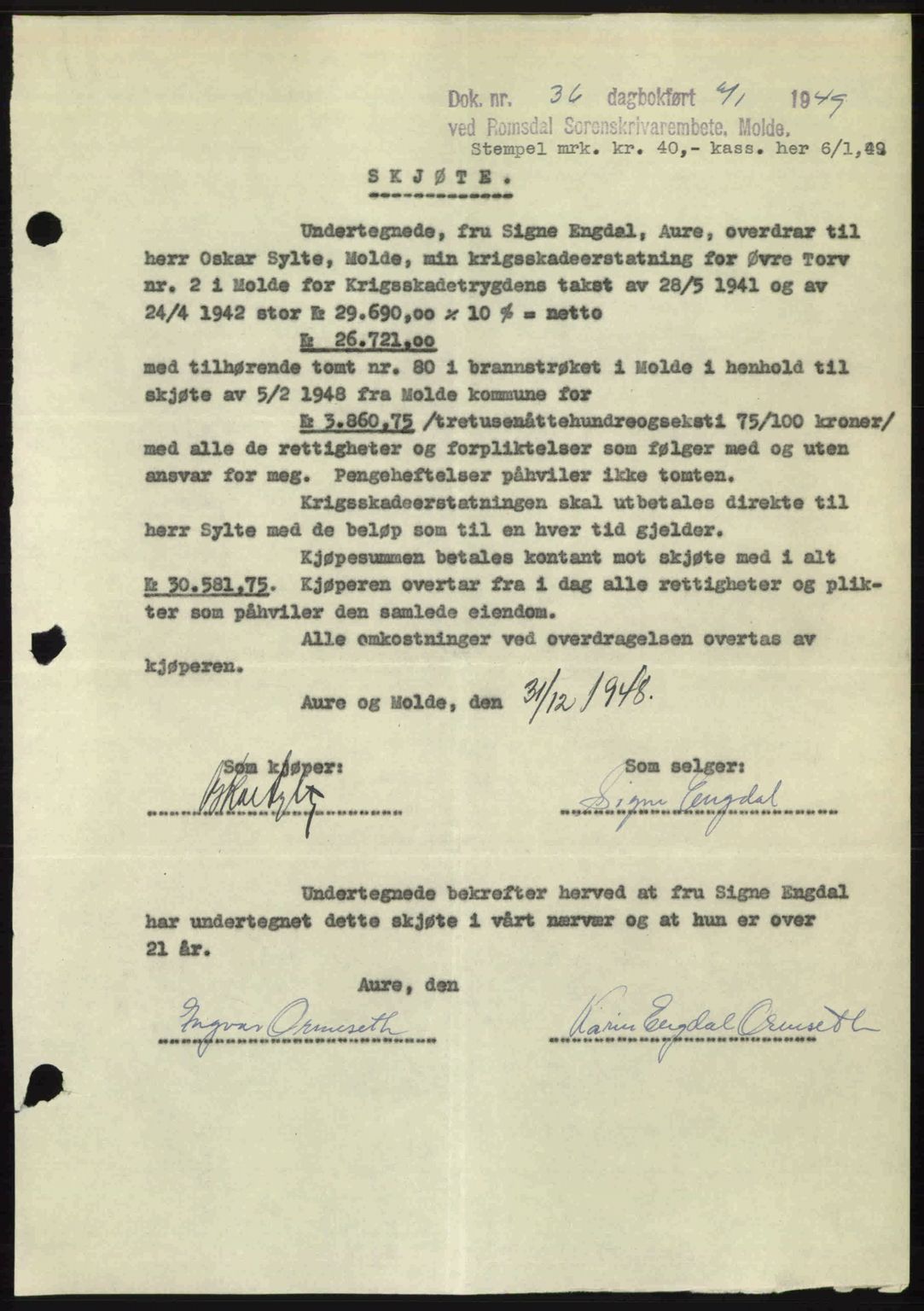 Romsdal sorenskriveri, AV/SAT-A-4149/1/2/2C: Mortgage book no. A28, 1948-1949, Diary no: : 36/1949