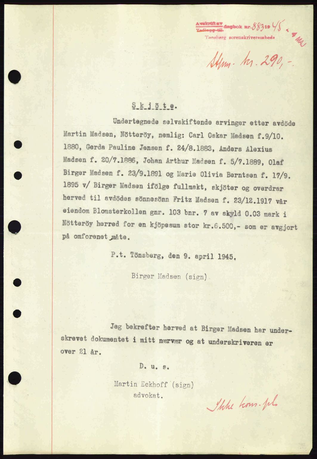 Tønsberg sorenskriveri, AV/SAKO-A-130/G/Ga/Gaa/L0017a: Mortgage book no. A17a, 1945-1945, Diary no: : 883/1945