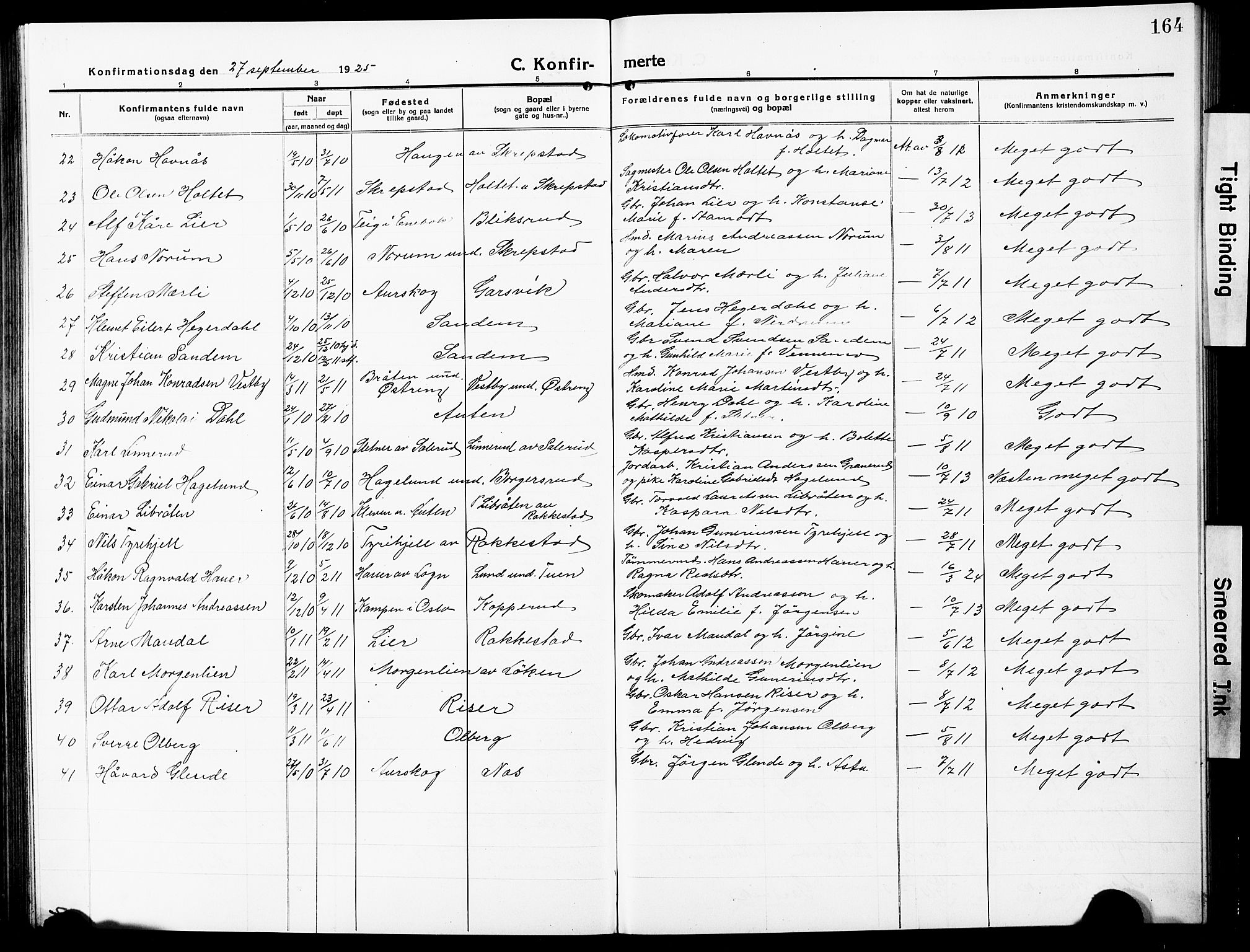 Høland prestekontor Kirkebøker, SAO/A-10346a/G/Ga/L0008: Parish register (copy) no. I 8, 1915-1929, p. 164