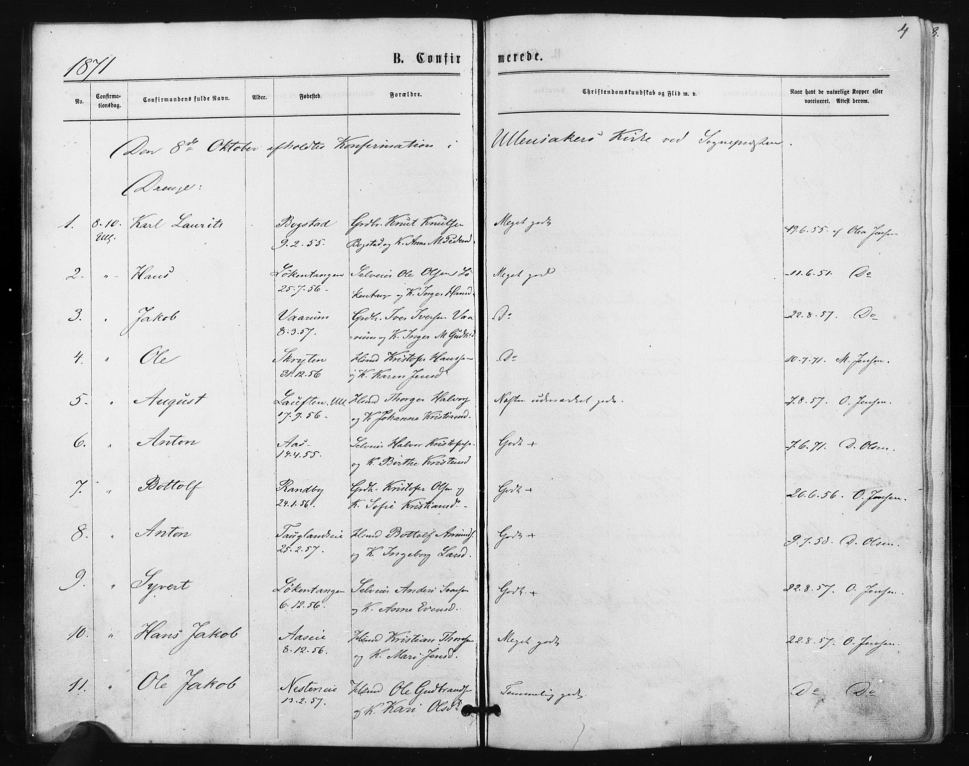 Ullensaker prestekontor Kirkebøker, SAO/A-10236a/F/Fa/L0017: Parish register (official) no. I 17, 1871-1875, p. 4