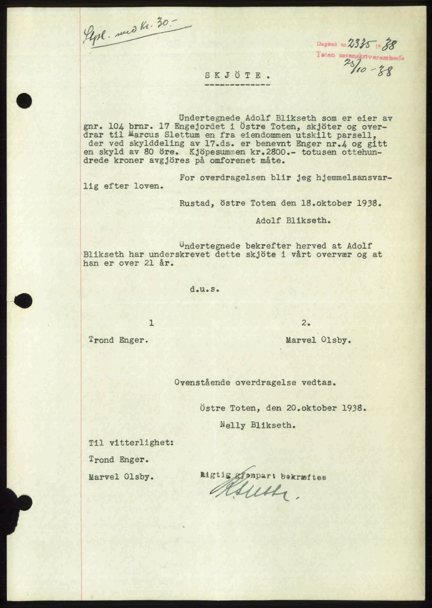 Toten tingrett, SAH/TING-006/H/Hb/Hbc/L0004: Mortgage book no. Hbc-04, 1938-1938, Diary no: : 2335/1938