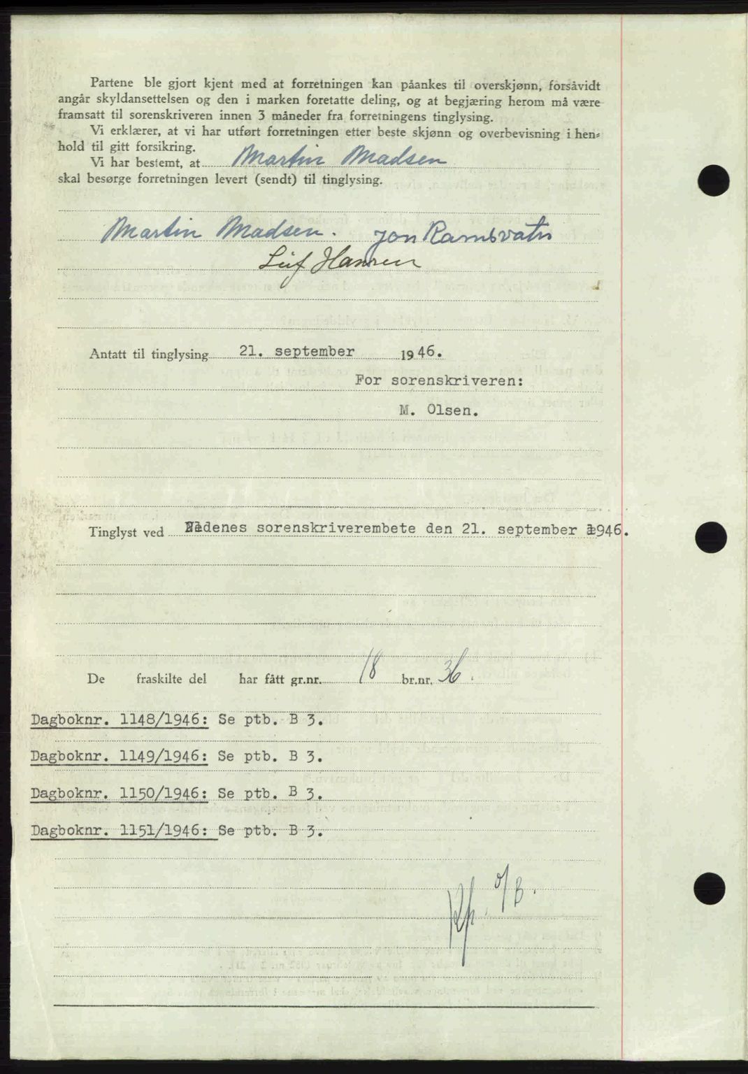 Nedenes sorenskriveri, AV/SAK-1221-0006/G/Gb/Gba/L0056: Mortgage book no. A8, 1946-1947, Diary no: : 1147/1946