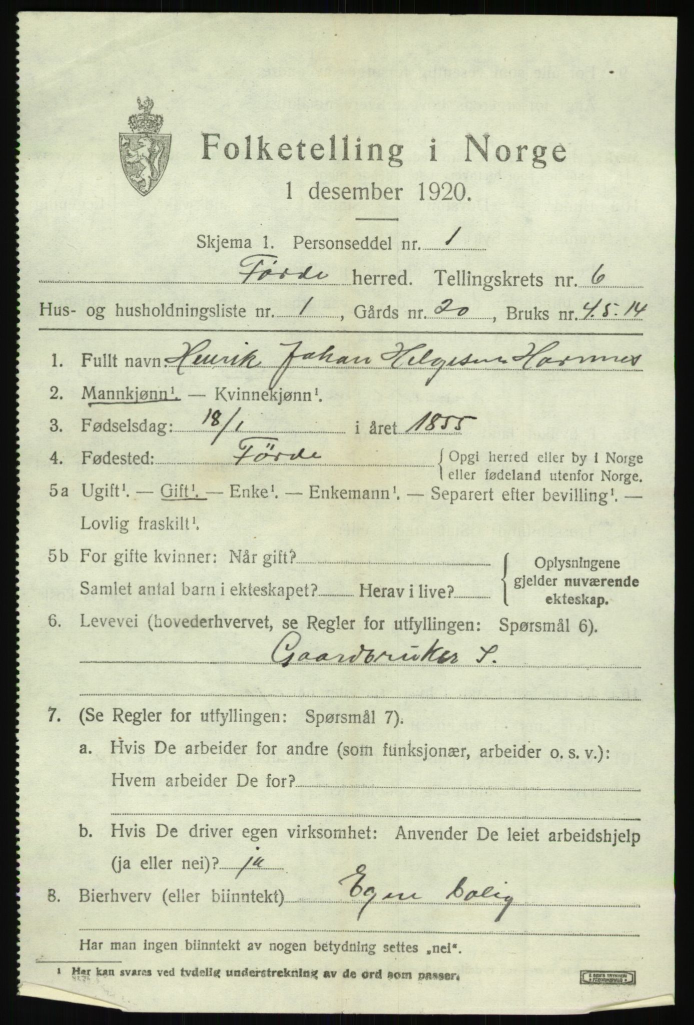 SAB, 1920 census for Førde, 1920, p. 2268