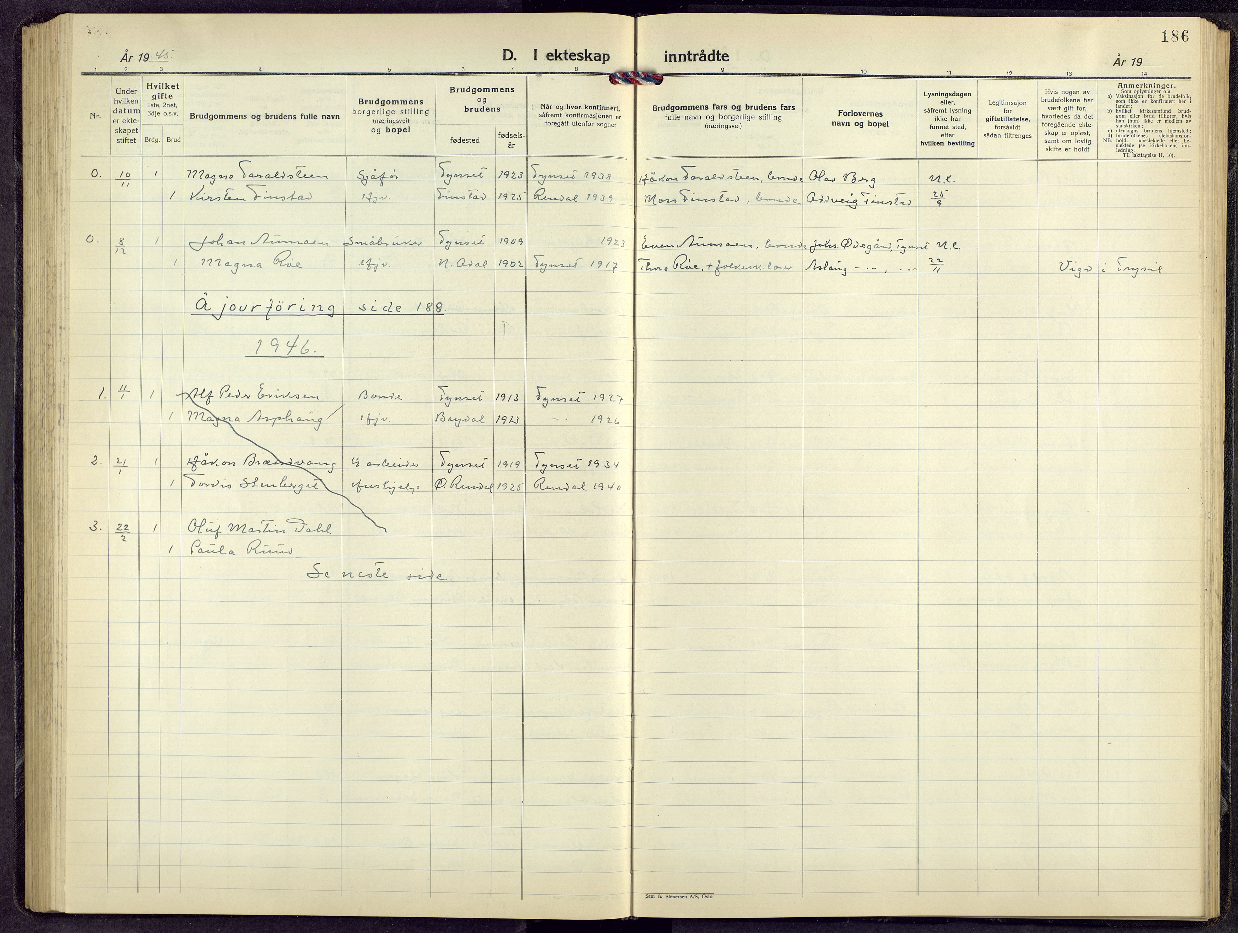 Tynset prestekontor, SAH/PREST-058/H/Ha/Hab/L0014: Parish register (copy) no. 14, 1944-1960, p. 186