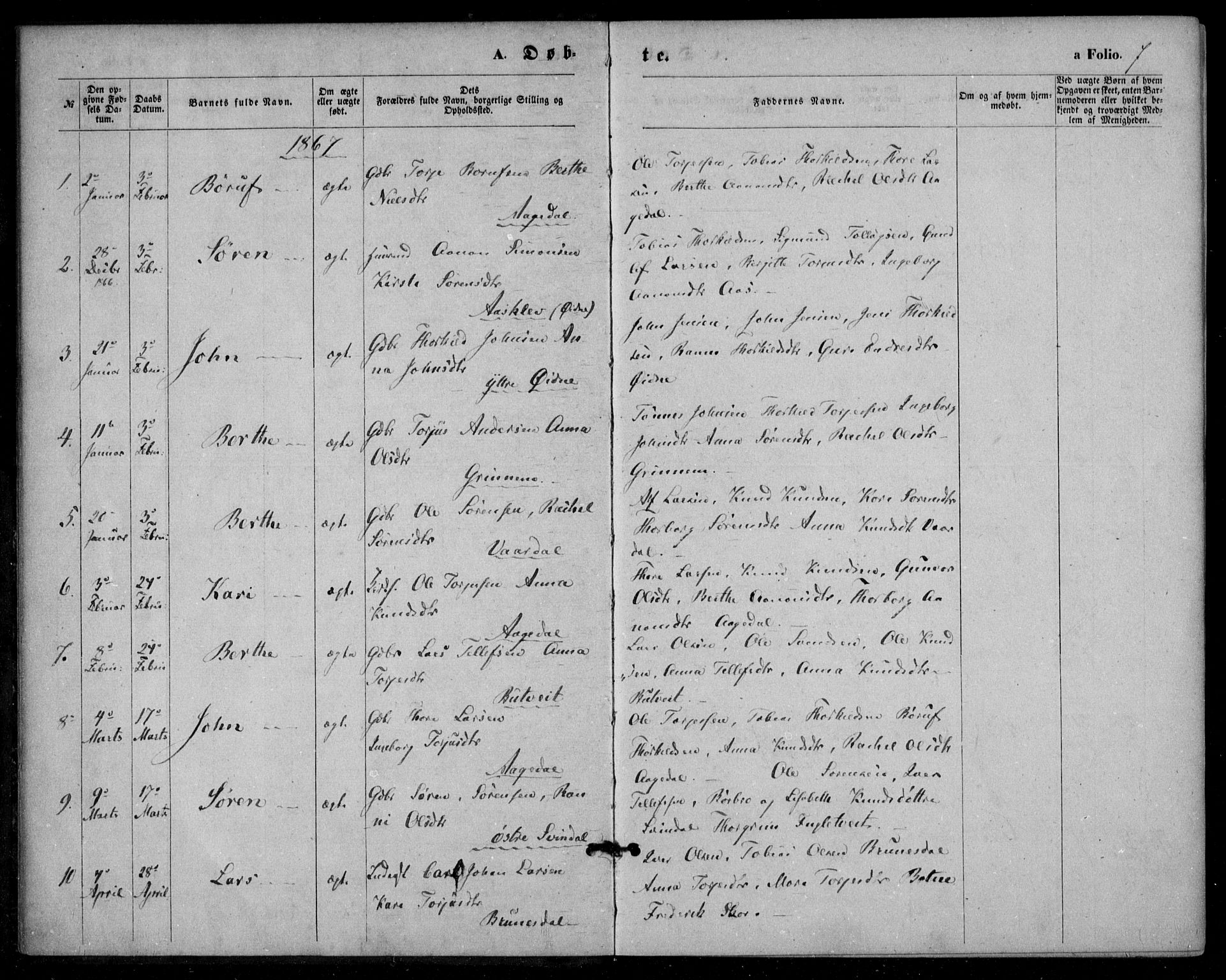 Bjelland sokneprestkontor, SAK/1111-0005/F/Fa/Fac/L0002: Parish register (official) no. A 2, 1866-1887, p. 7