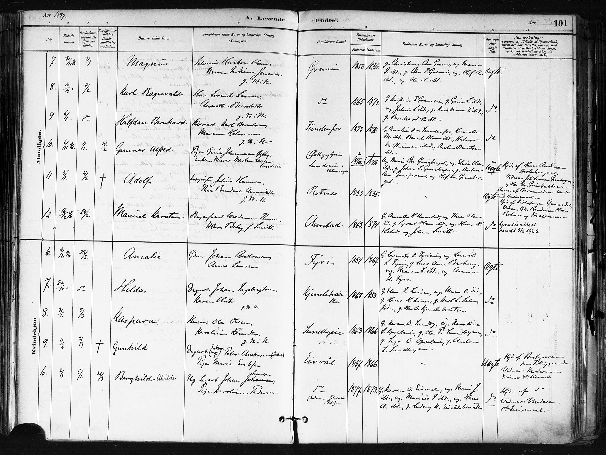 Nes prestekontor Kirkebøker, AV/SAO-A-10410/F/Fa/L0010: Parish register (official) no. I 10, 1883-1898, p. 191