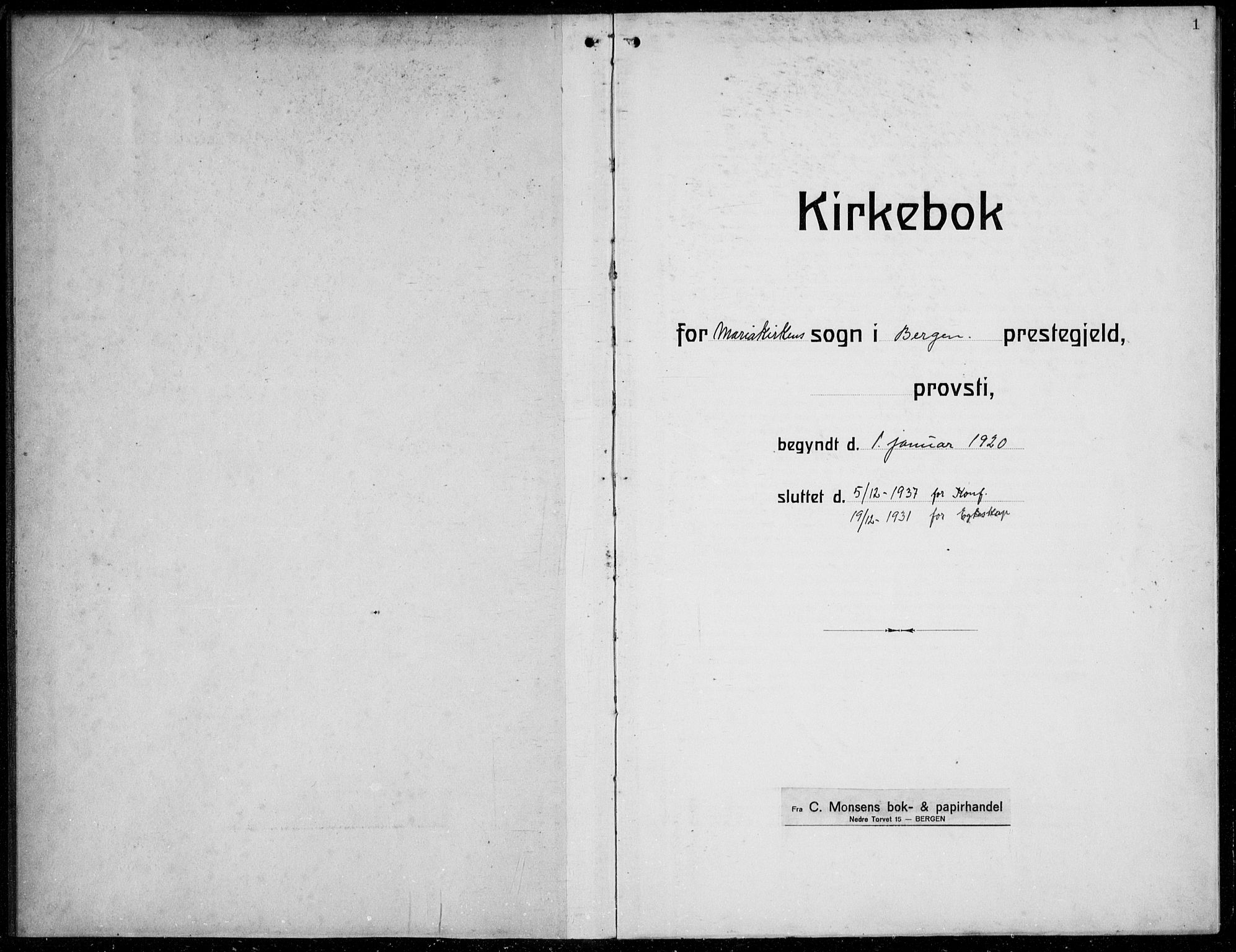 Mariakirken Sokneprestembete, SAB/A-76901/H/Hab/L0010: Parish register (copy) no. A 10, 1920-1937, p. 1