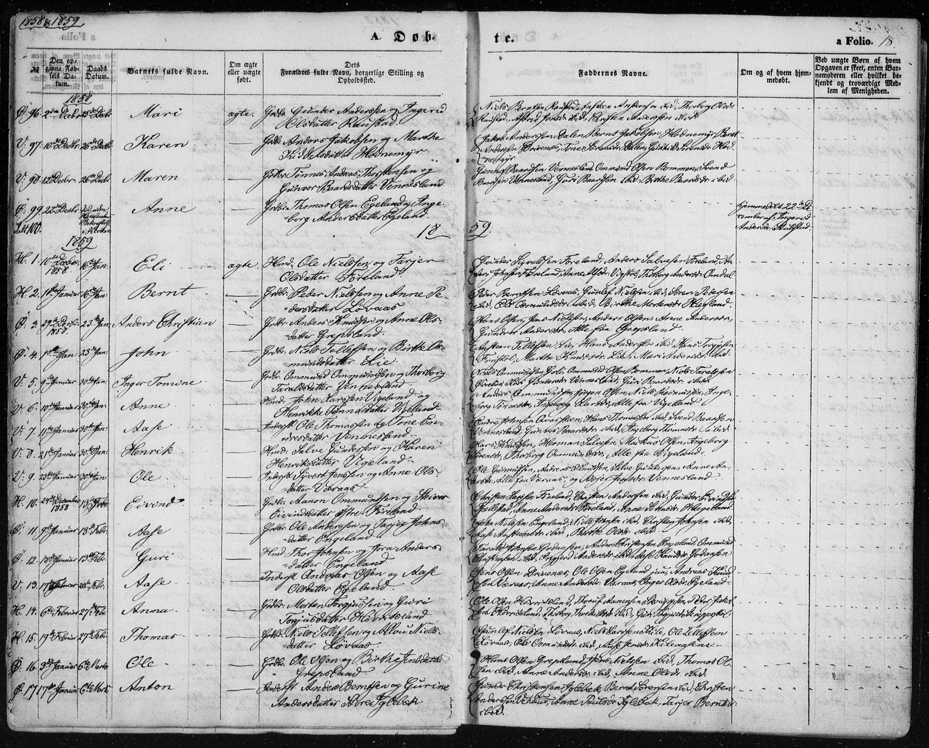 Vennesla sokneprestkontor, AV/SAK-1111-0045/Fa/Fac/L0007: Parish register (official) no. A 7, 1855-1873, p. 18