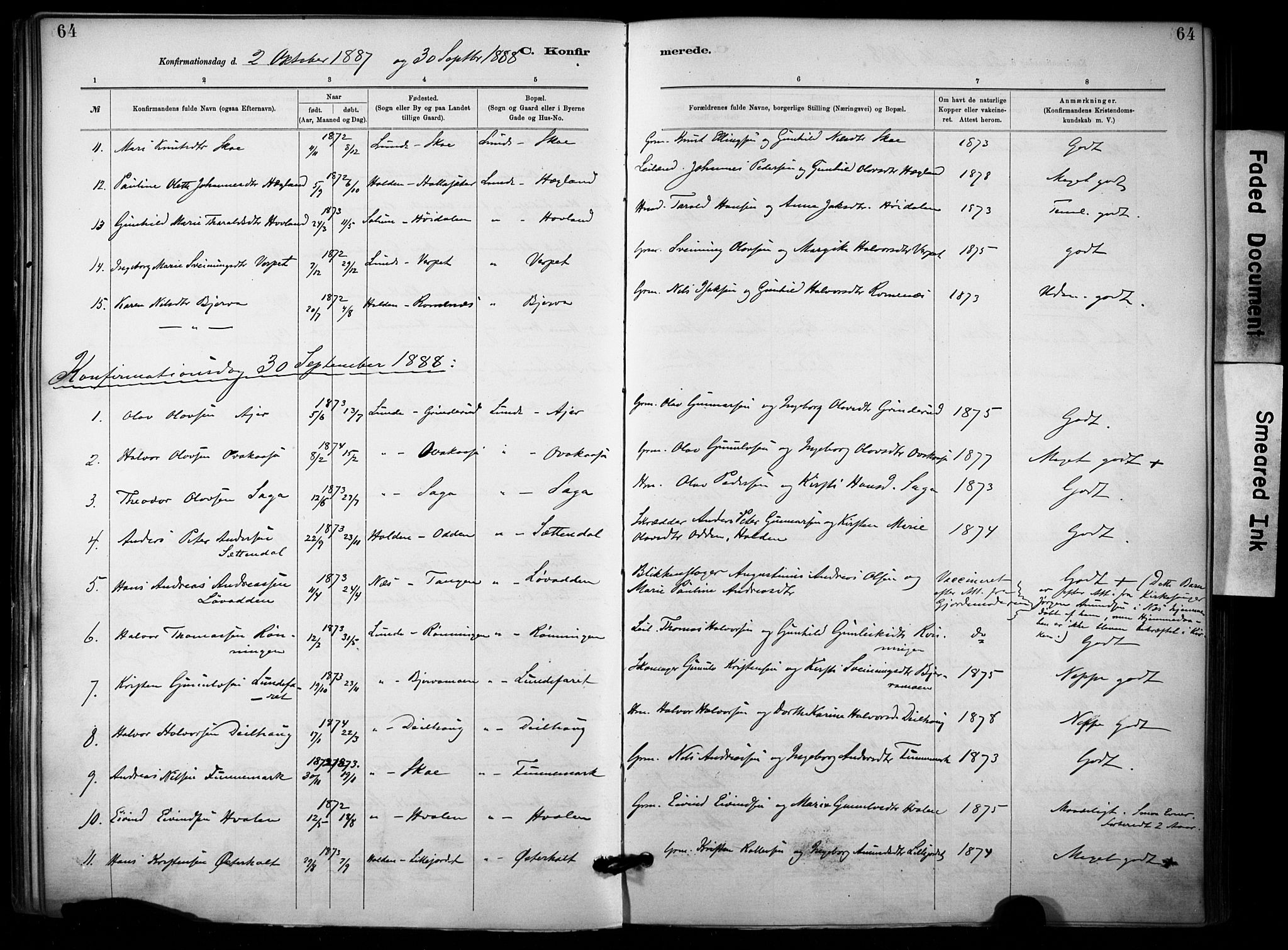 Lunde kirkebøker, SAKO/A-282/F/Fa/L0002: Parish register (official) no. I 2, 1884-1892, p. 64