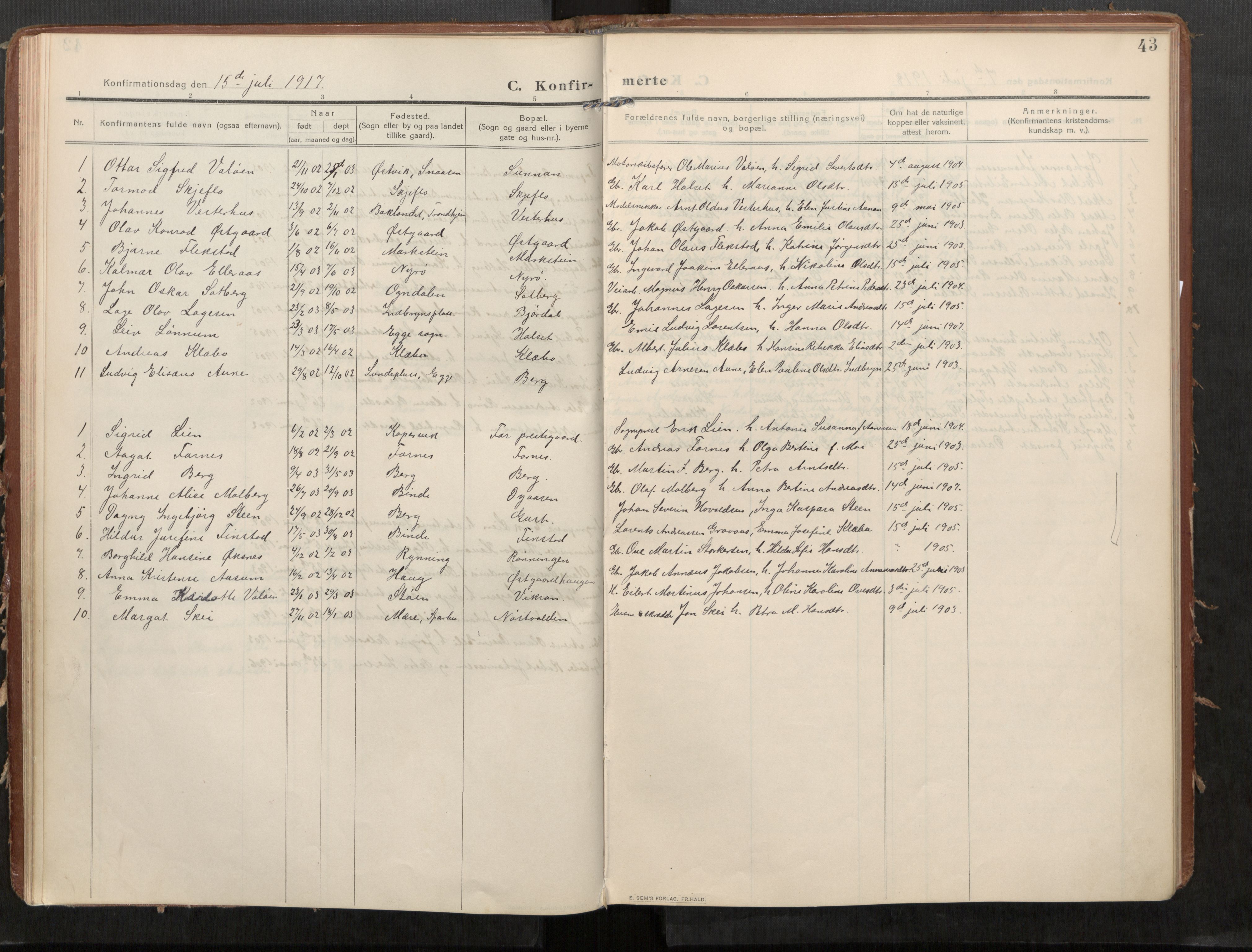 Stod sokneprestkontor, AV/SAT-A-1164/1/I/I1/I1a/L0002: Parish register (official) no. 2, 1909-1922, p. 43