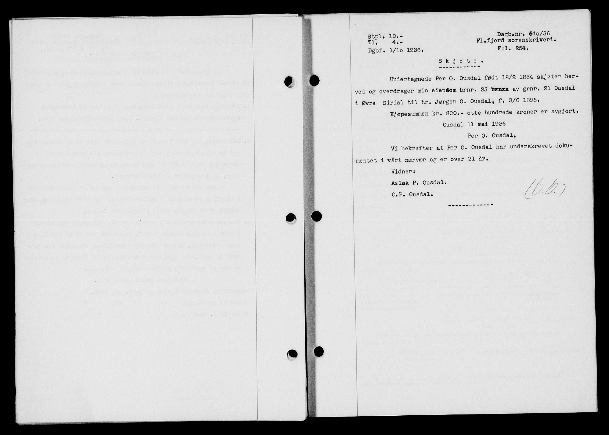 Flekkefjord sorenskriveri, SAK/1221-0001/G/Gb/Gba/L0053: Mortgage book no. A-1, 1936-1937, Diary no: : 540/1936