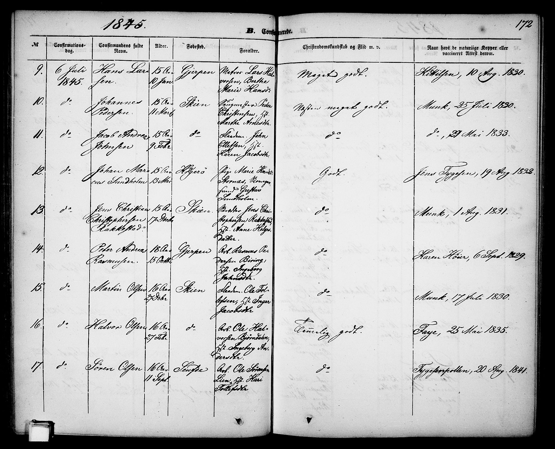 Skien kirkebøker, SAKO/A-302/G/Ga/L0004: Parish register (copy) no. 4, 1843-1867, p. 172