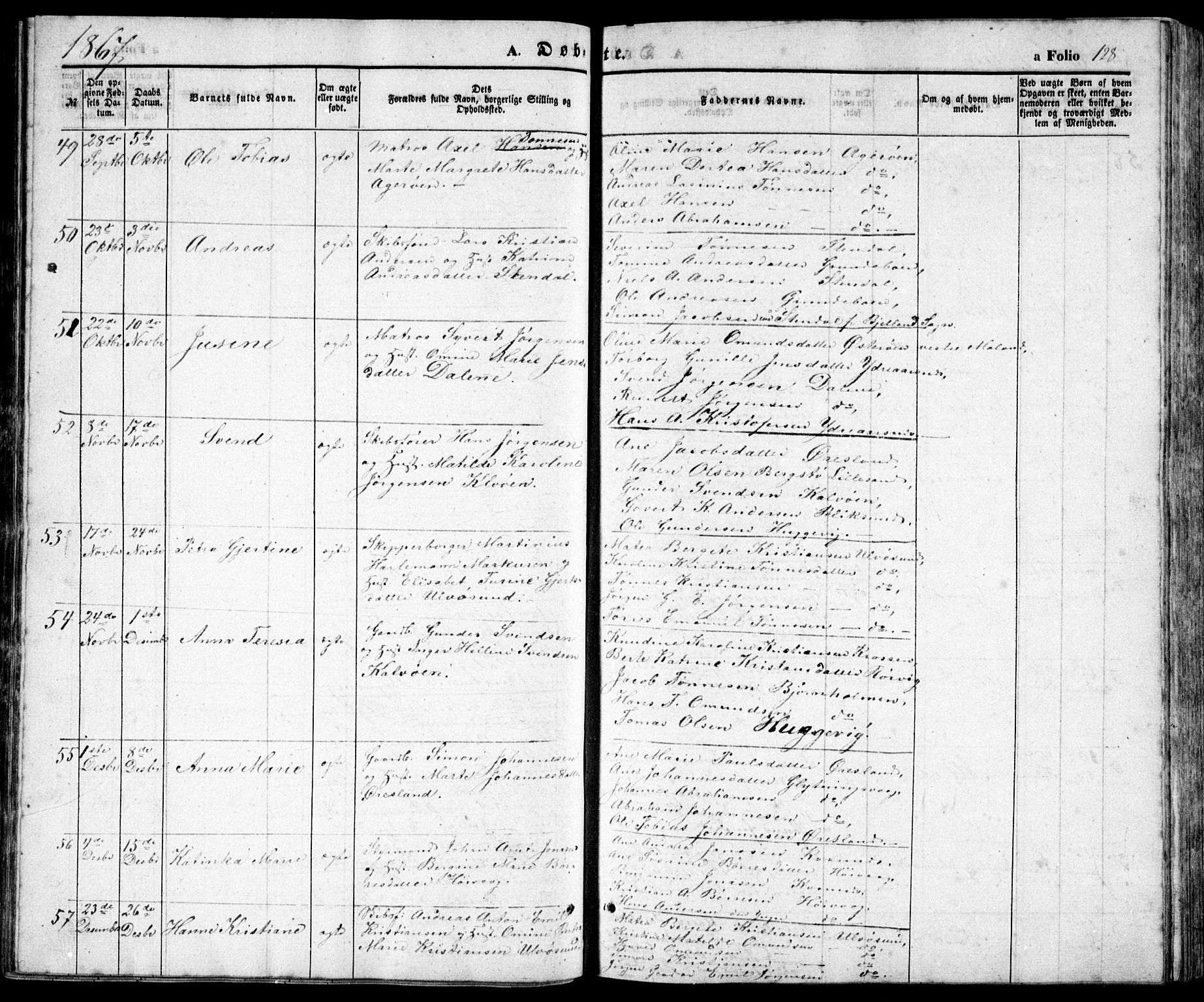 Høvåg sokneprestkontor, SAK/1111-0025/F/Fb/L0002: Parish register (copy) no. B 2, 1847-1869, p. 128