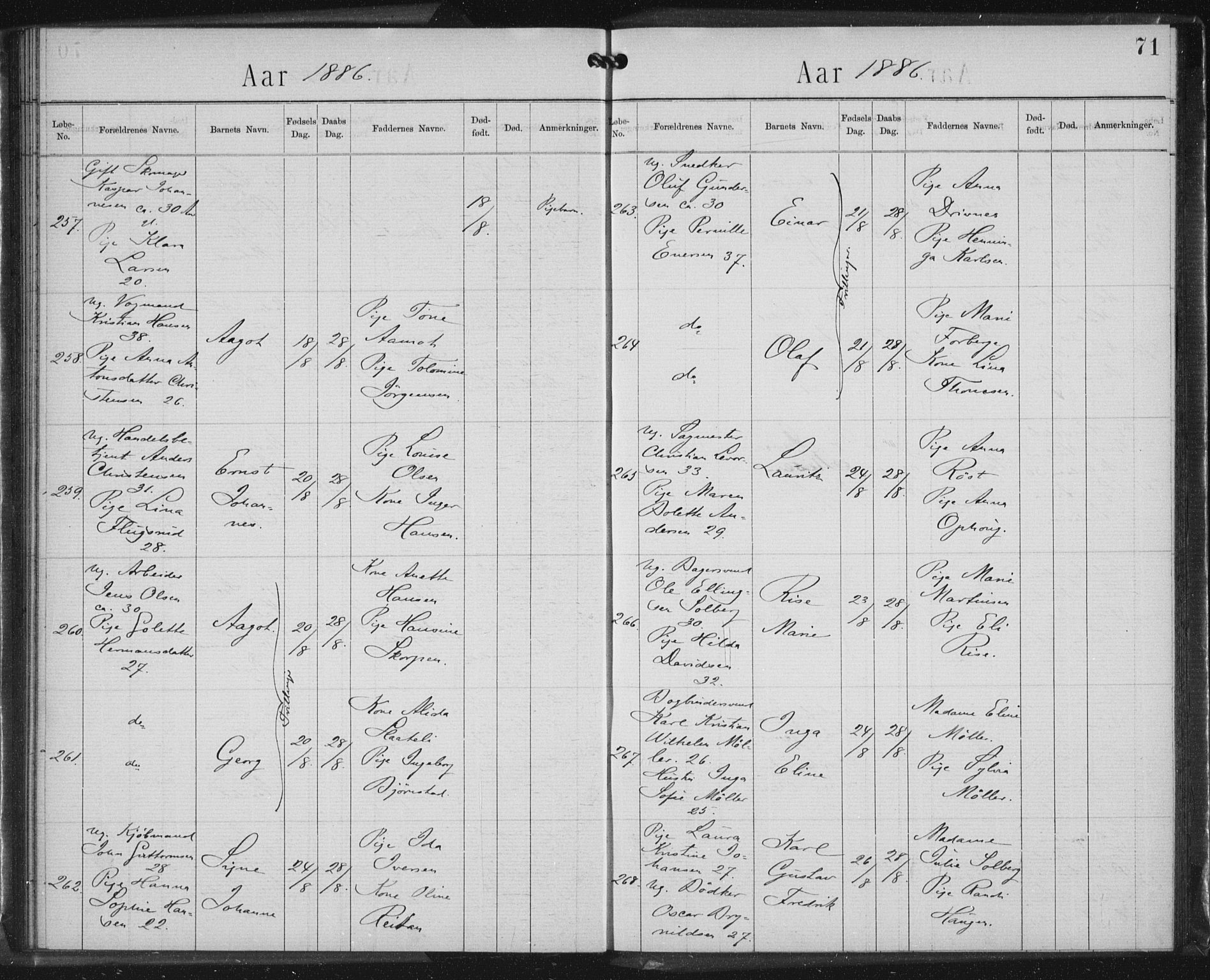 Rikshospitalet prestekontor Kirkebøker, SAO/A-10309b/K/L0003/0002: Baptism register no. 3.2, 1884-1889, p. 71