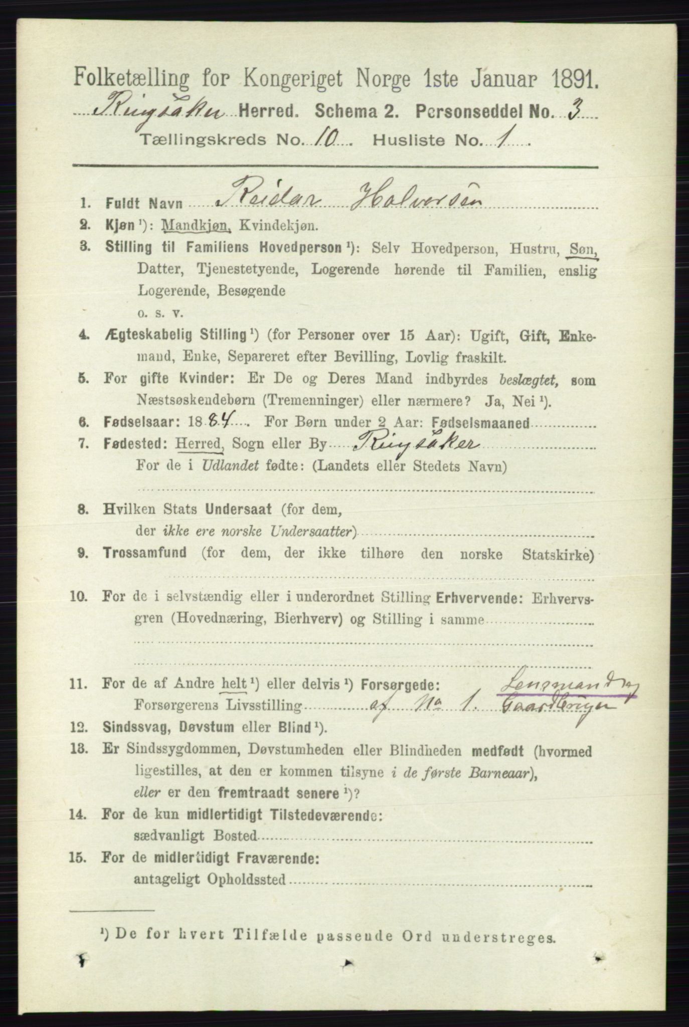 RA, 1891 census for 0412 Ringsaker, 1891, p. 5639