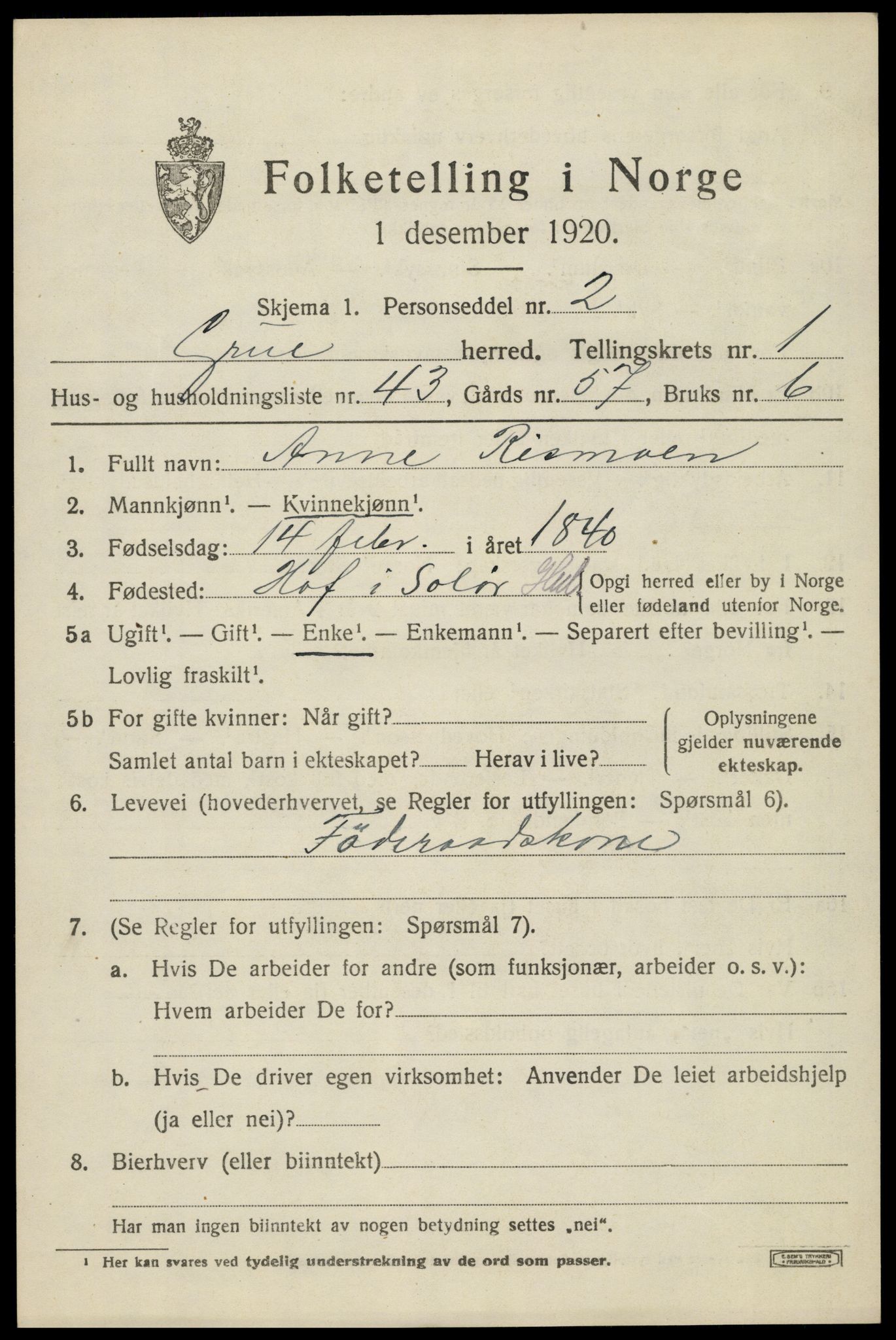 SAH, 1920 census for Grue, 1920, p. 2967