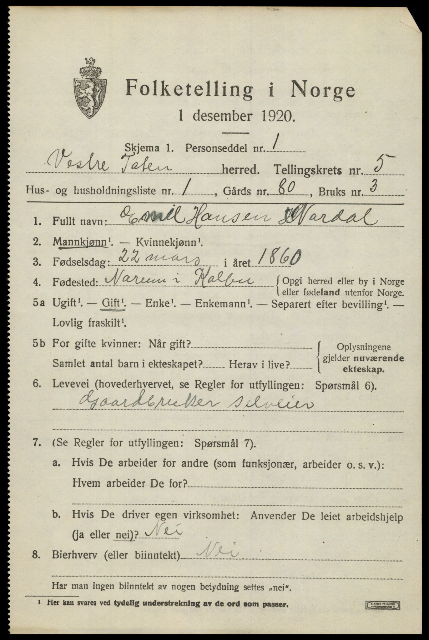 SAH, 1920 census for Vestre Toten, 1920, p. 7290