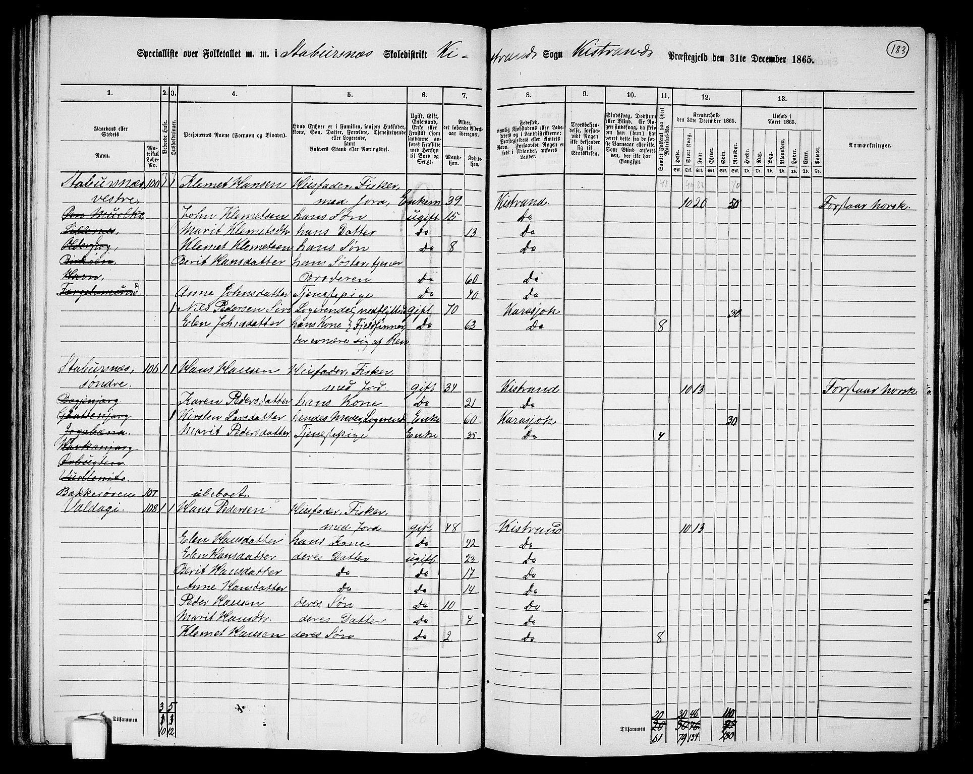 RA, 1865 census for Kistrand, 1865, p. 33