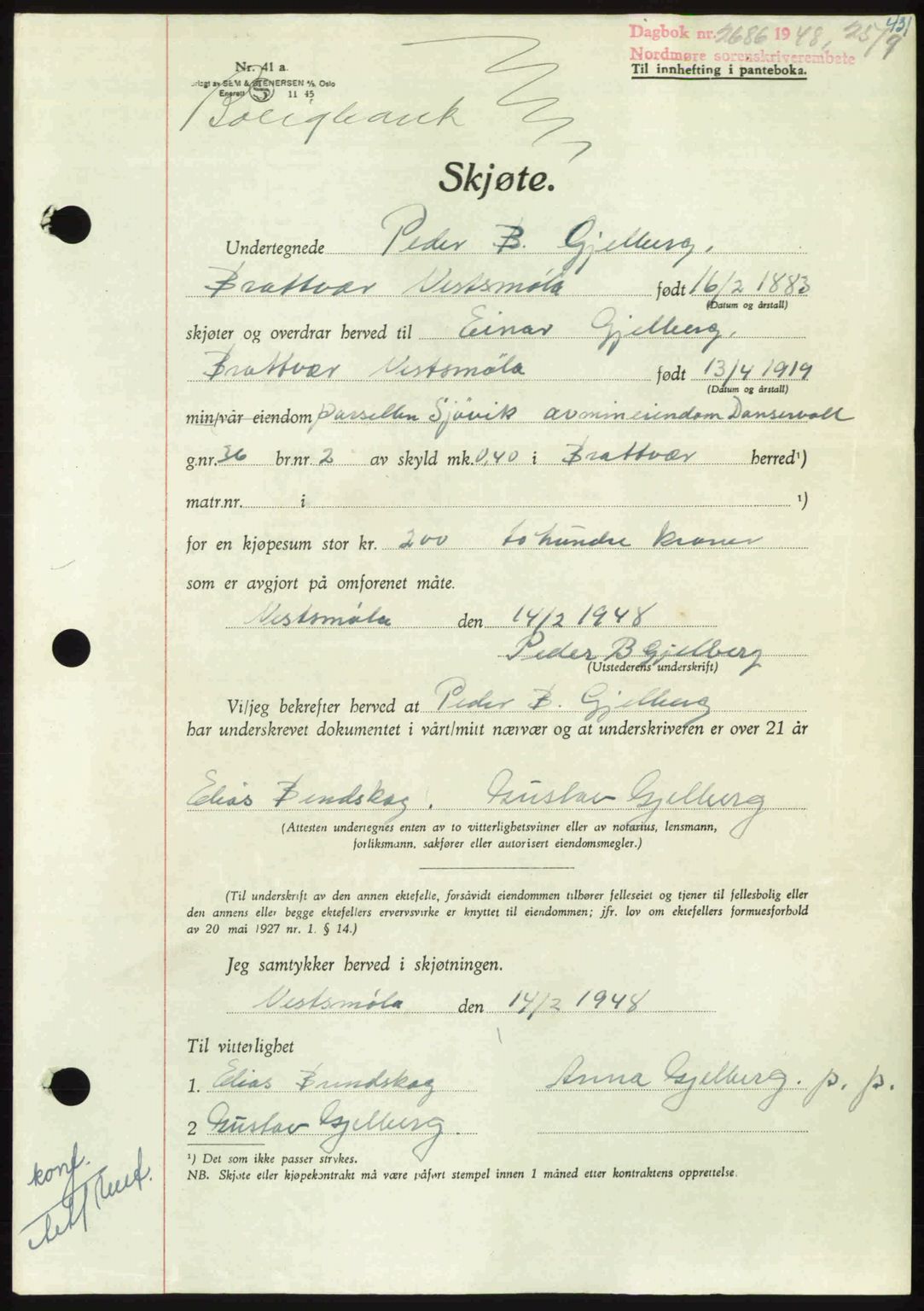 Nordmøre sorenskriveri, AV/SAT-A-4132/1/2/2Ca: Mortgage book no. A109, 1948-1948, Diary no: : 2686/1948