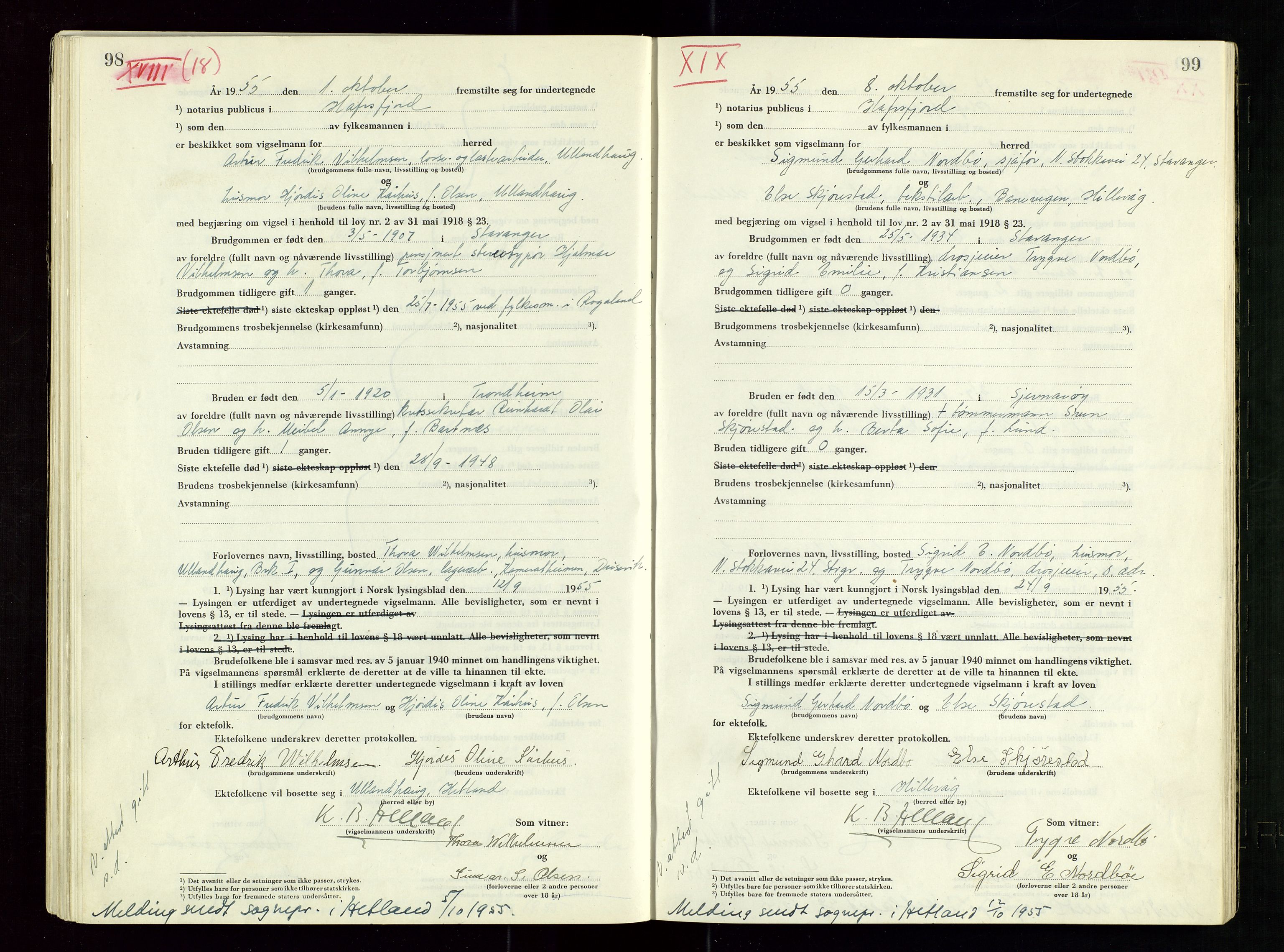 Hafrsfjord sorenskriveri, SAST/A-100313/I/Ic/L0001: "Vigsels-bok", 1951-1959, p. 98-99