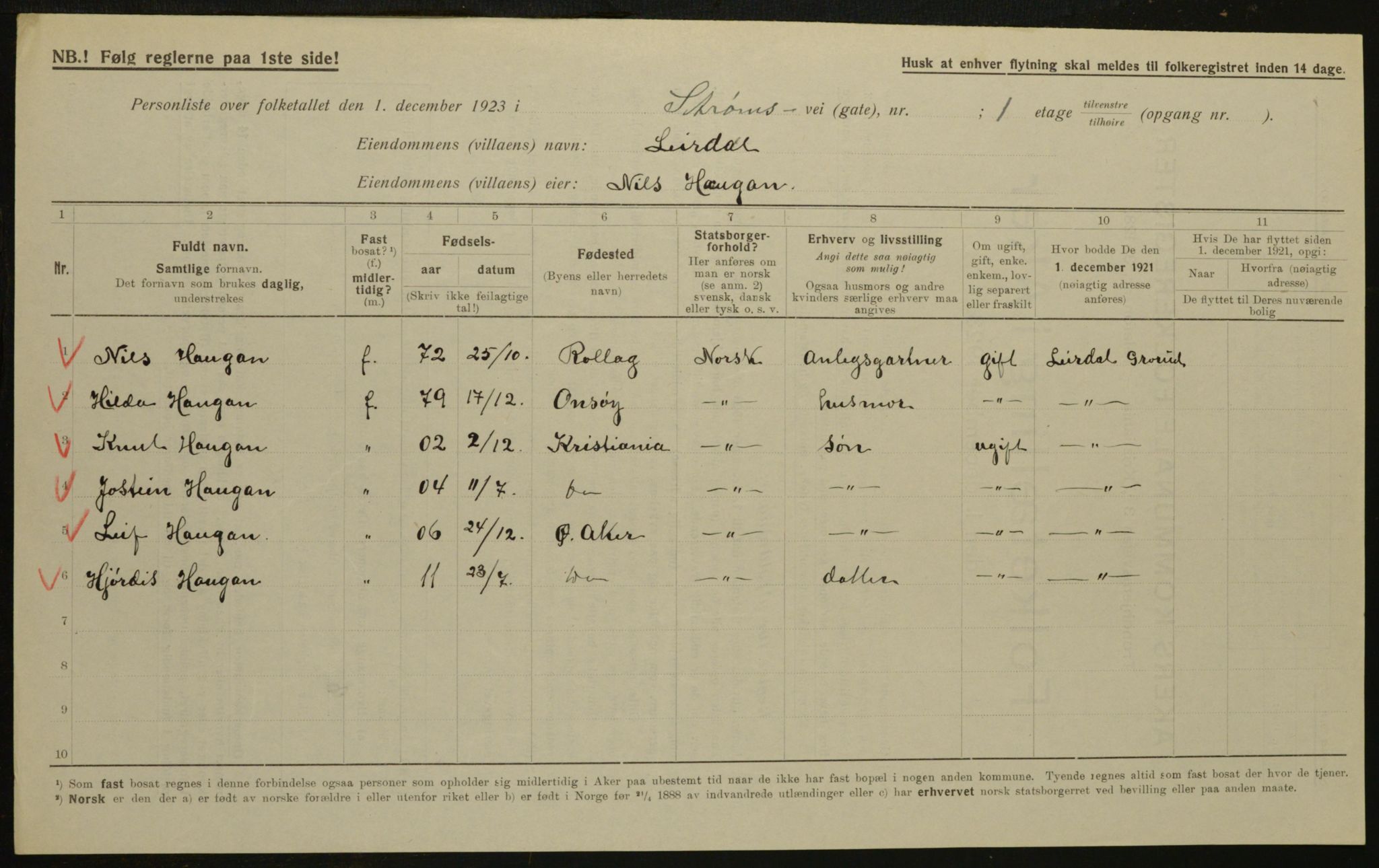 , Municipal Census 1923 for Aker, 1923, p. 32326