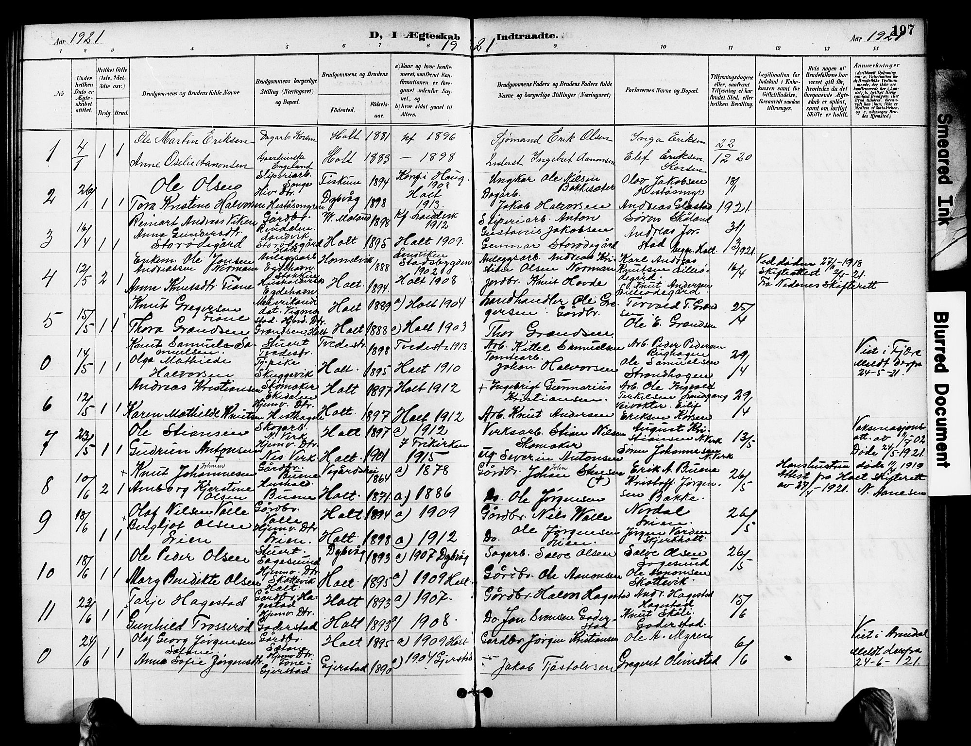 Holt sokneprestkontor, SAK/1111-0021/F/Fb/L0011: Parish register (copy) no. B 11, 1897-1921, p. 197